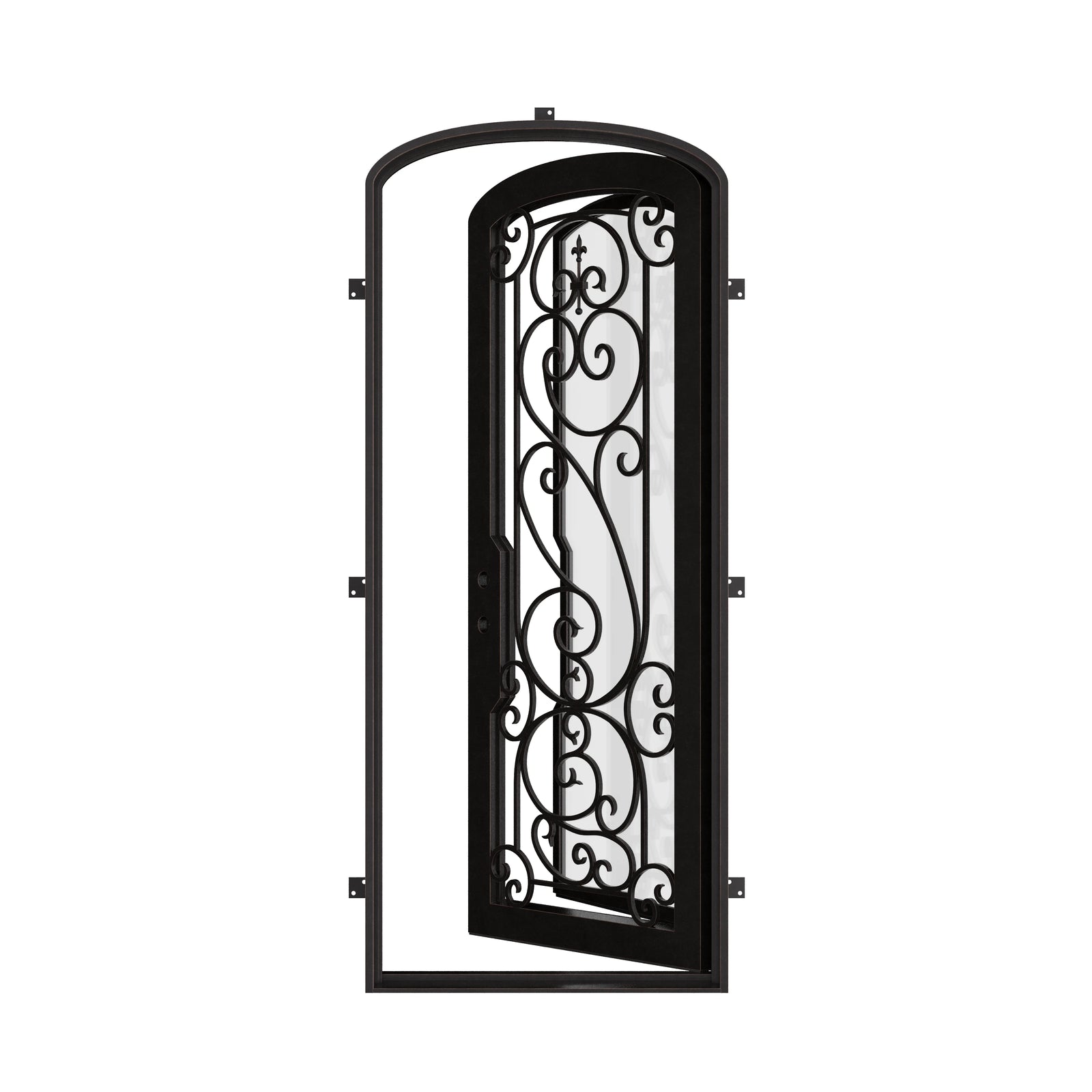 Hills black exterior metal mini arch top single door with tempered glass.