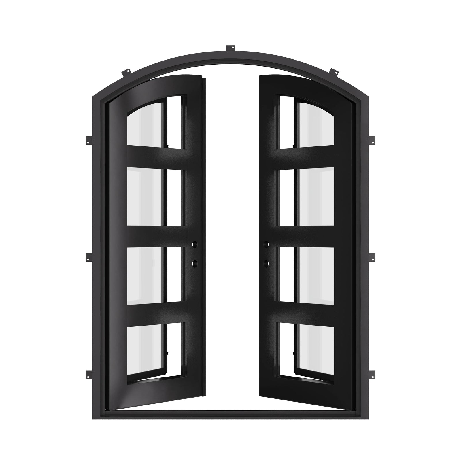 Knox bronze hued iron door with clear glass and arch top.