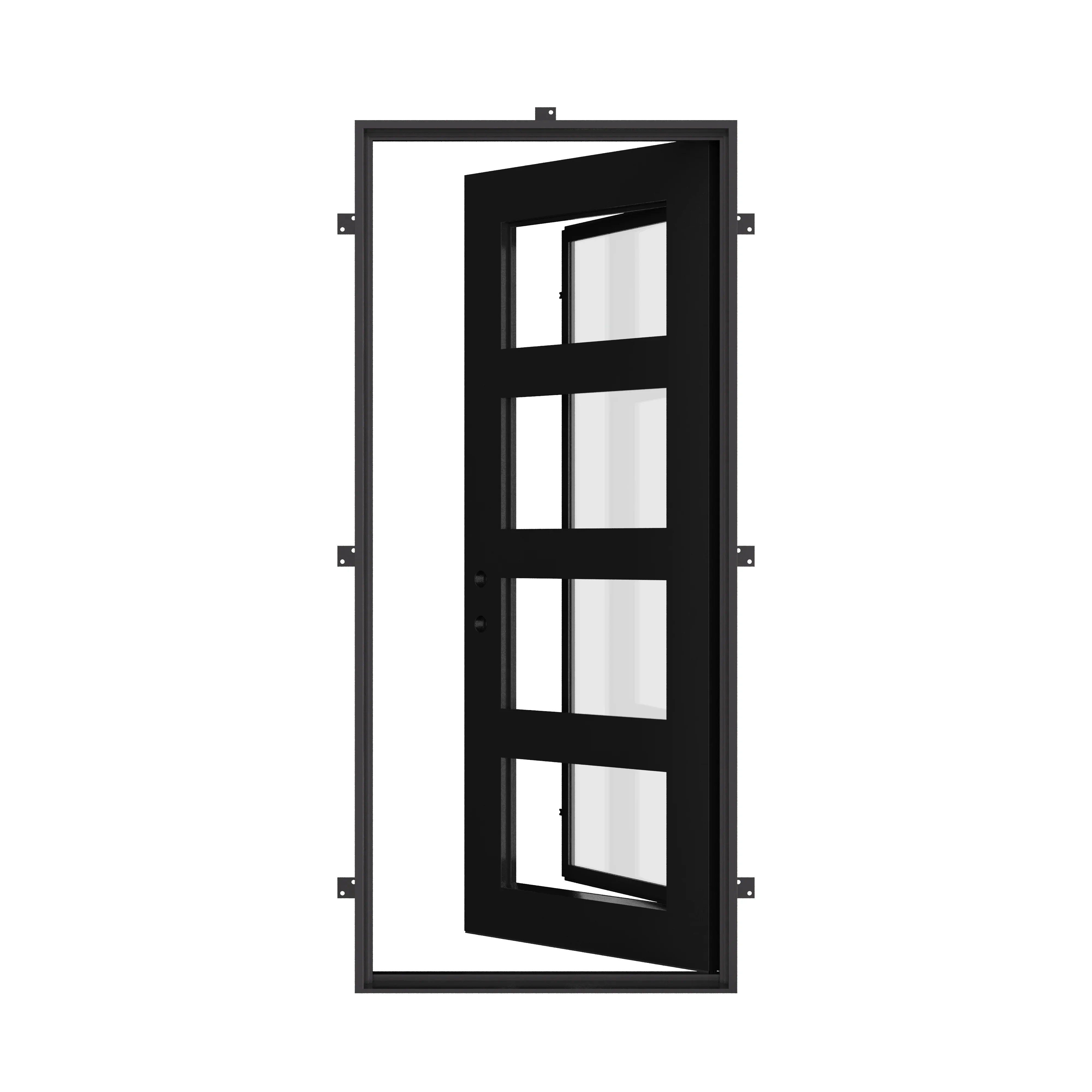 Knox Pre-hung bronze color metal flat top single door with thick glass panel.