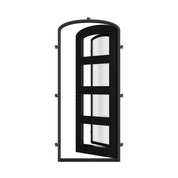 Knox single mini arch top iron swing door with modern metalwork and glass.