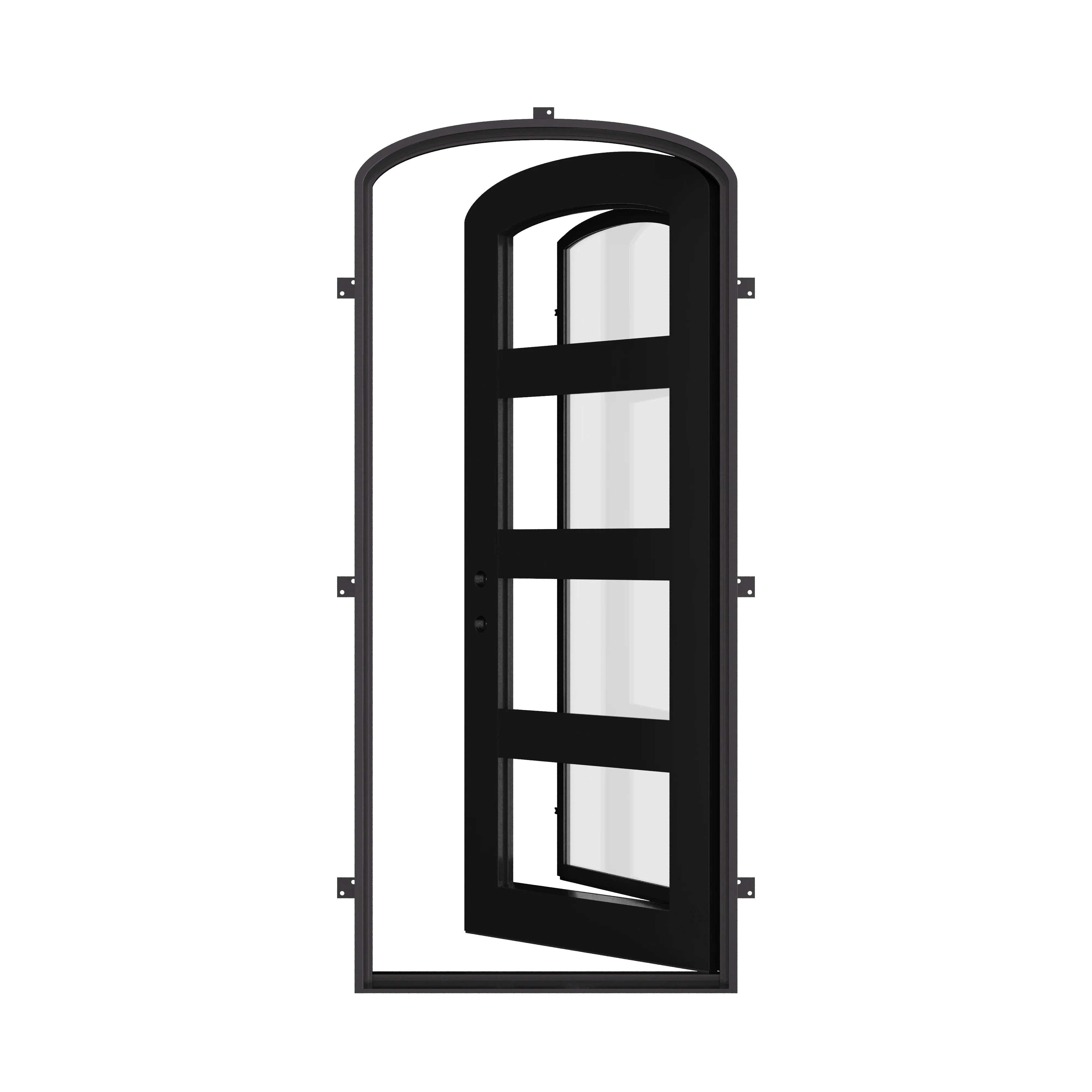 Knox single mini arch top iron swing door with modern metalwork and glass.