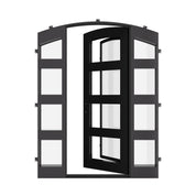 Knox black single door with curved top and sidelights.