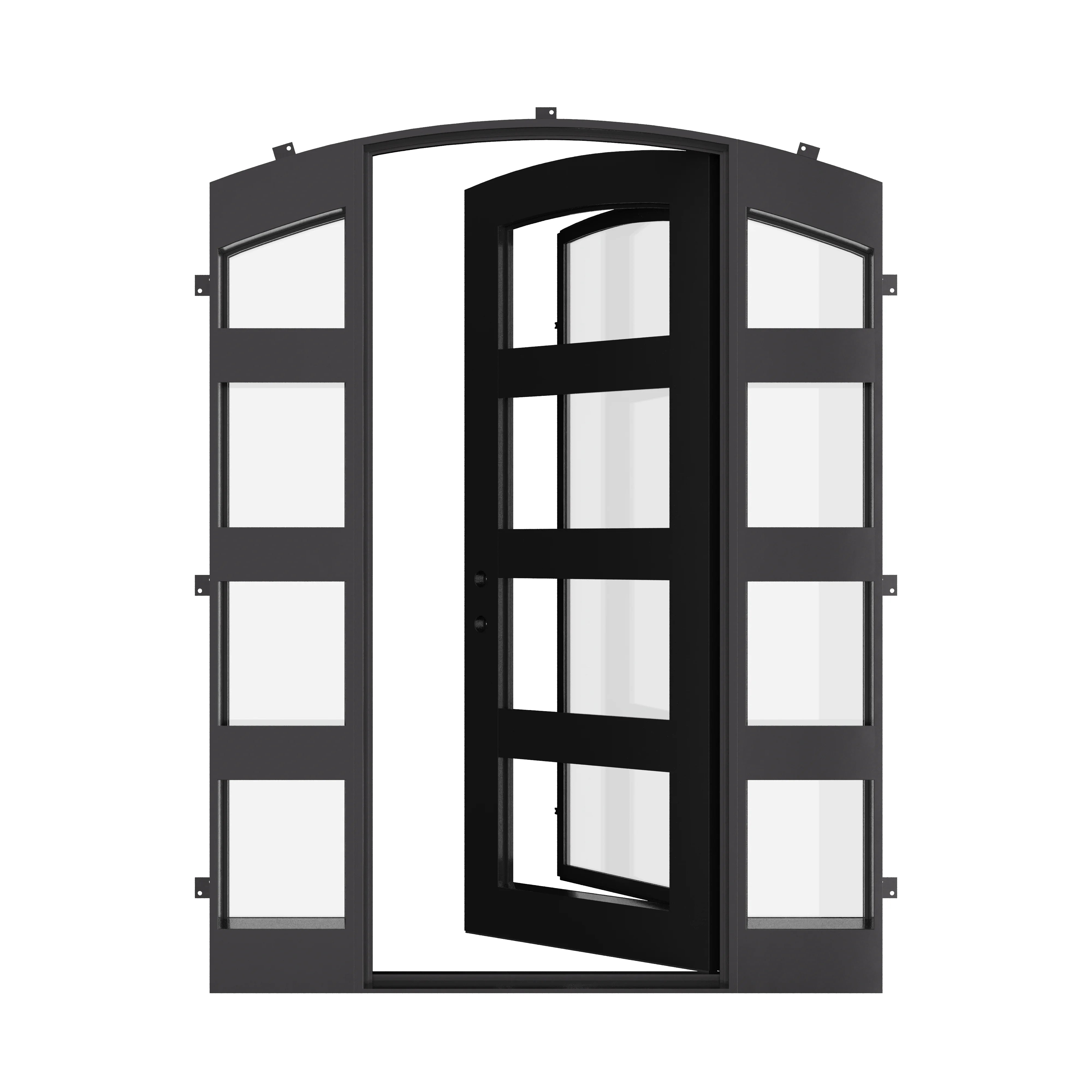 Knox black single door with curved top and sidelights.
