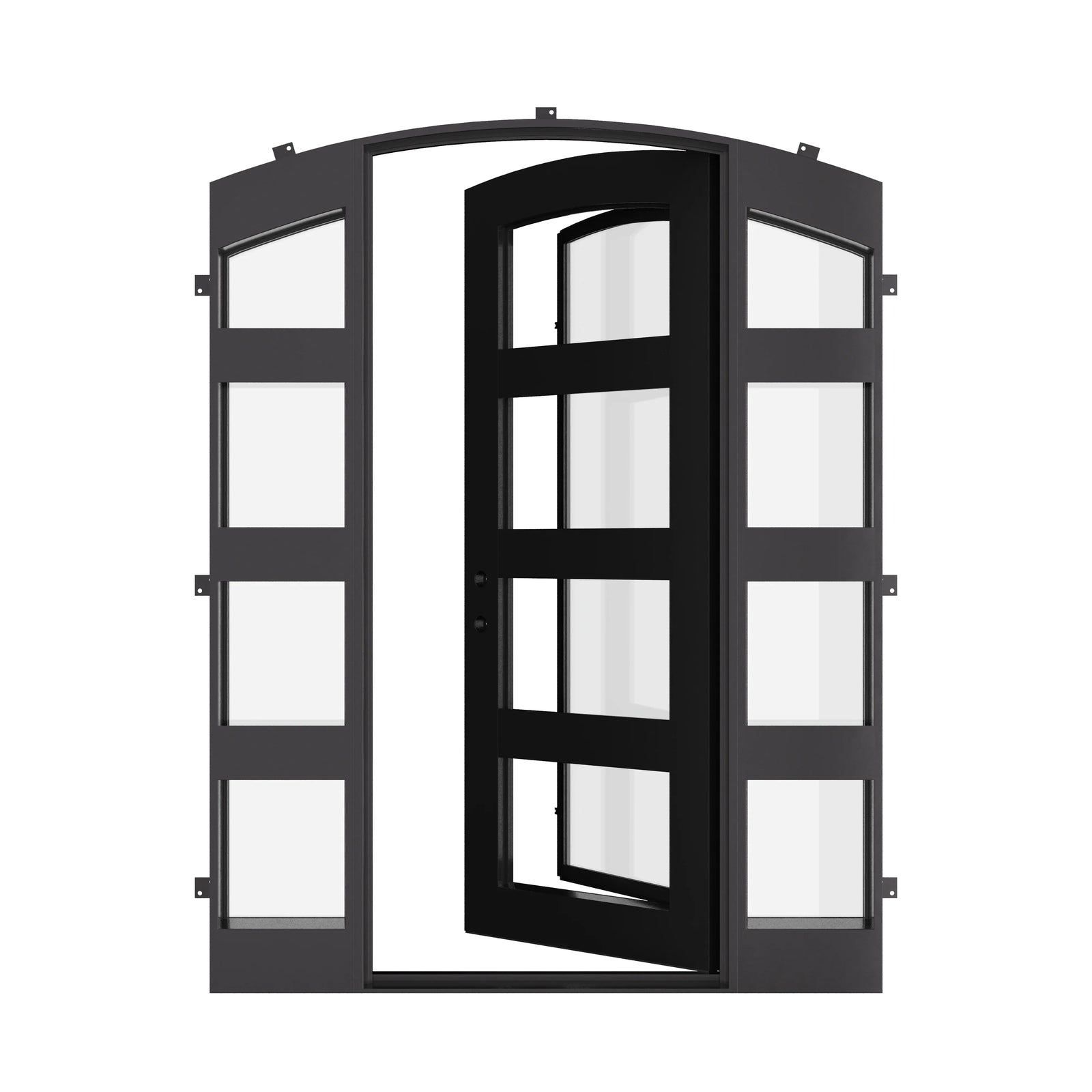 Knox single curved top patio door for cold weather with side windows in black.