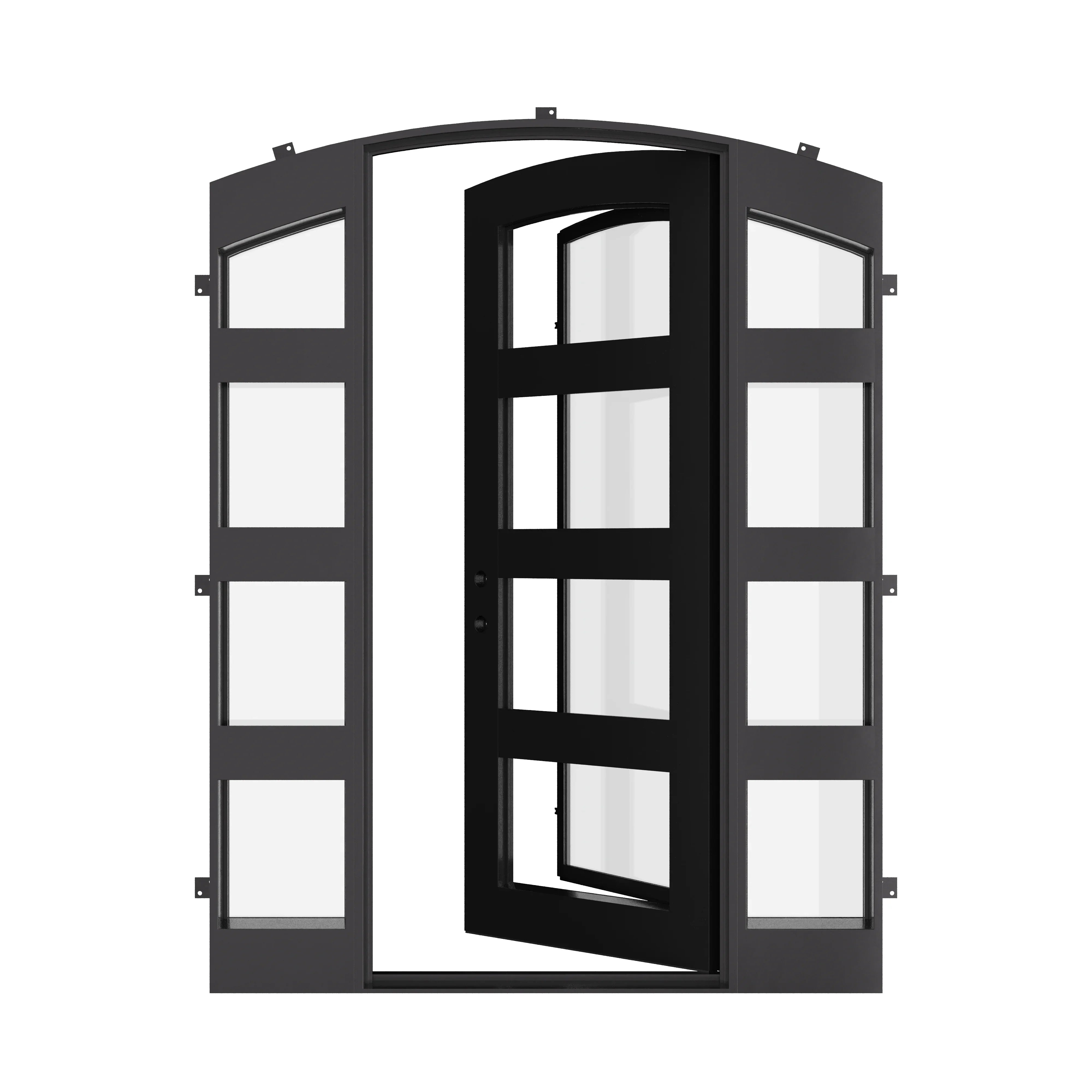 Knox single curved top patio door for cold weather with side windows in black.