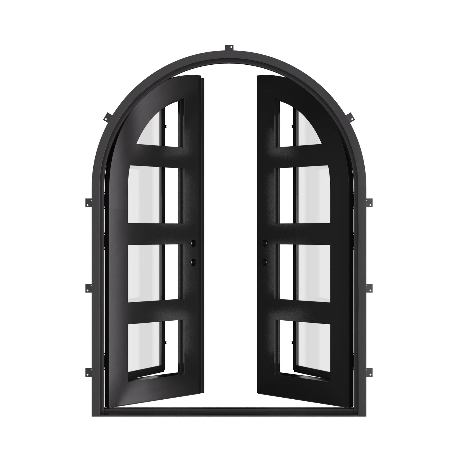 Knox french full arch top swing door with hand forged design and glass.