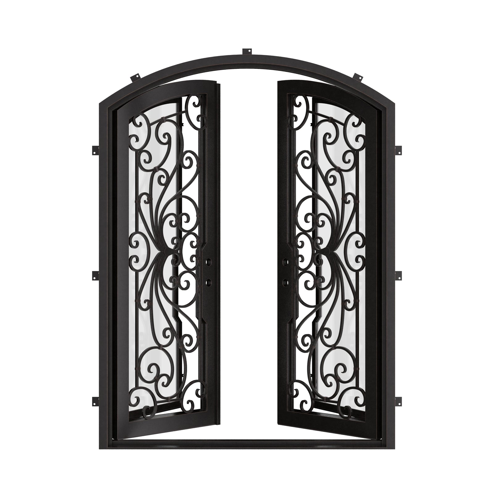 Miracle double entry door with arched design and glass in bronze hue.