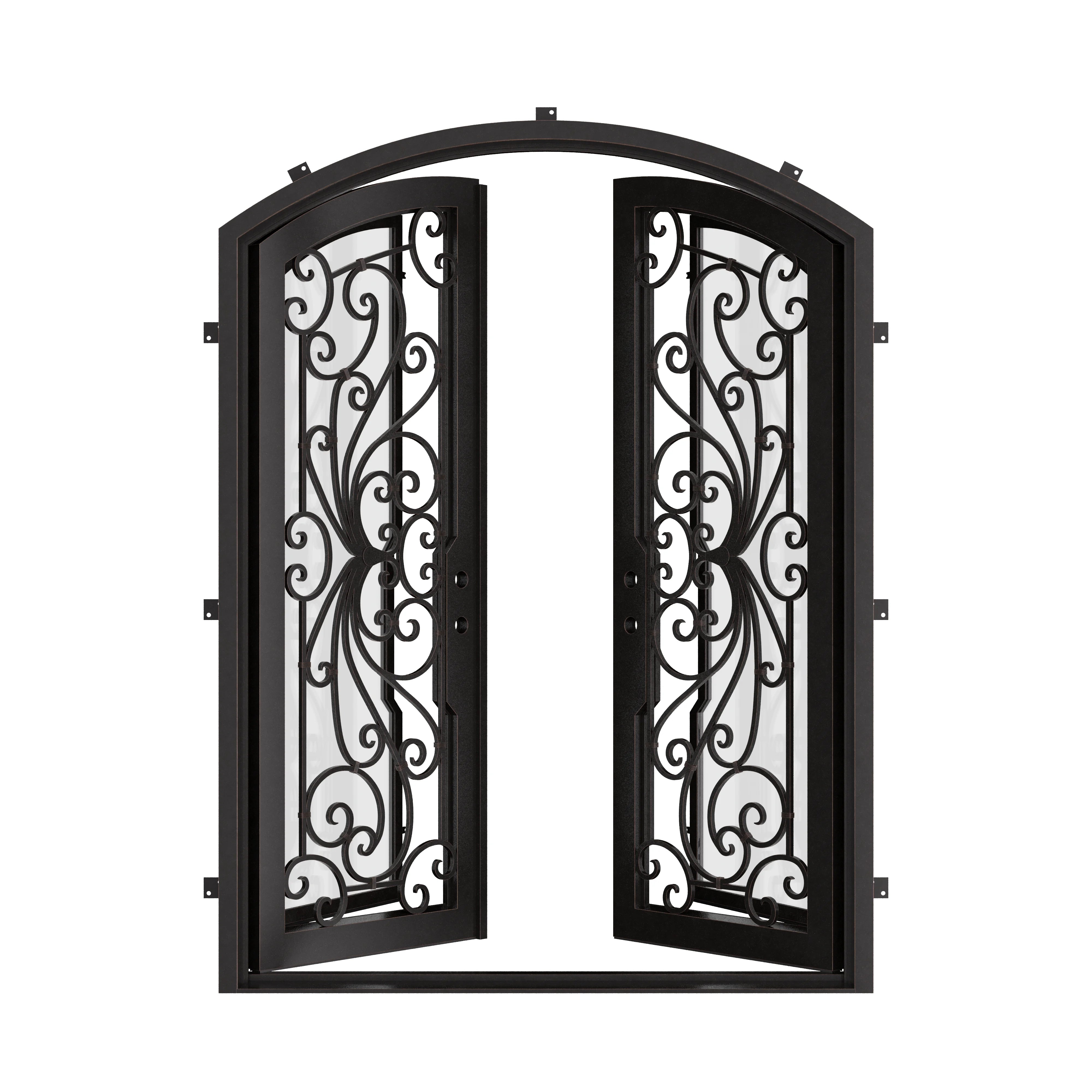 Miracle double entry door with arched design and glass in bronze hue.