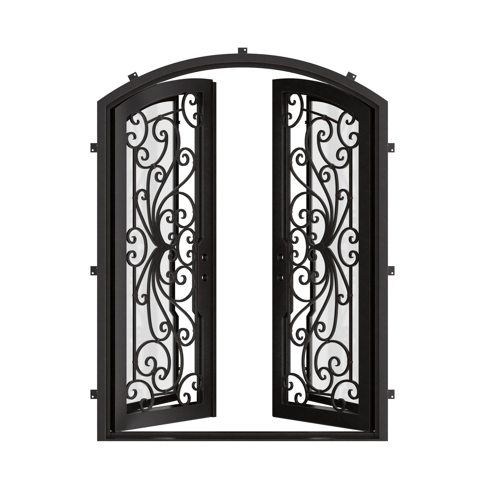 Miracle arched top double door with glass in bronze shade.