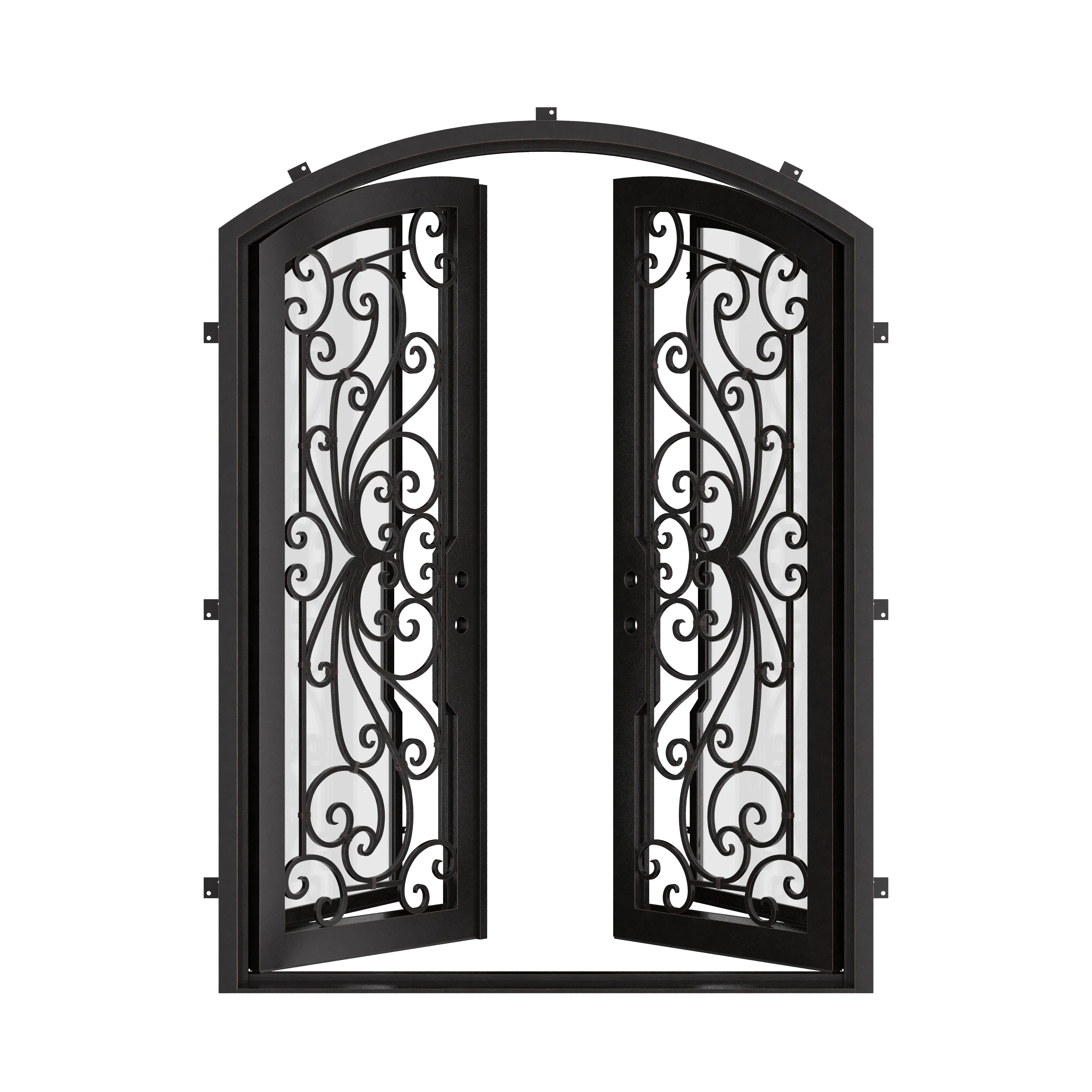 Miracle arched top double door with glass in bronze shade.