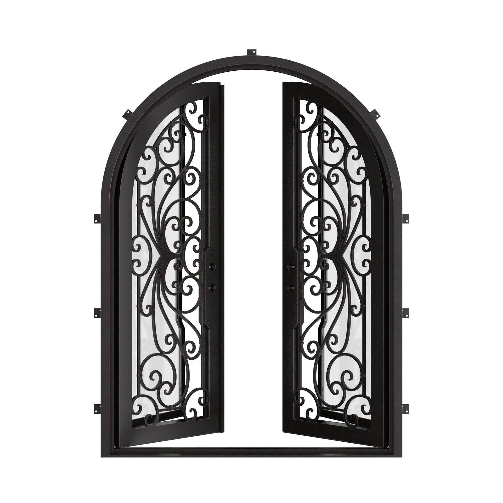 Miracle french radius top front door with energy efficient dual-pane glass in black.