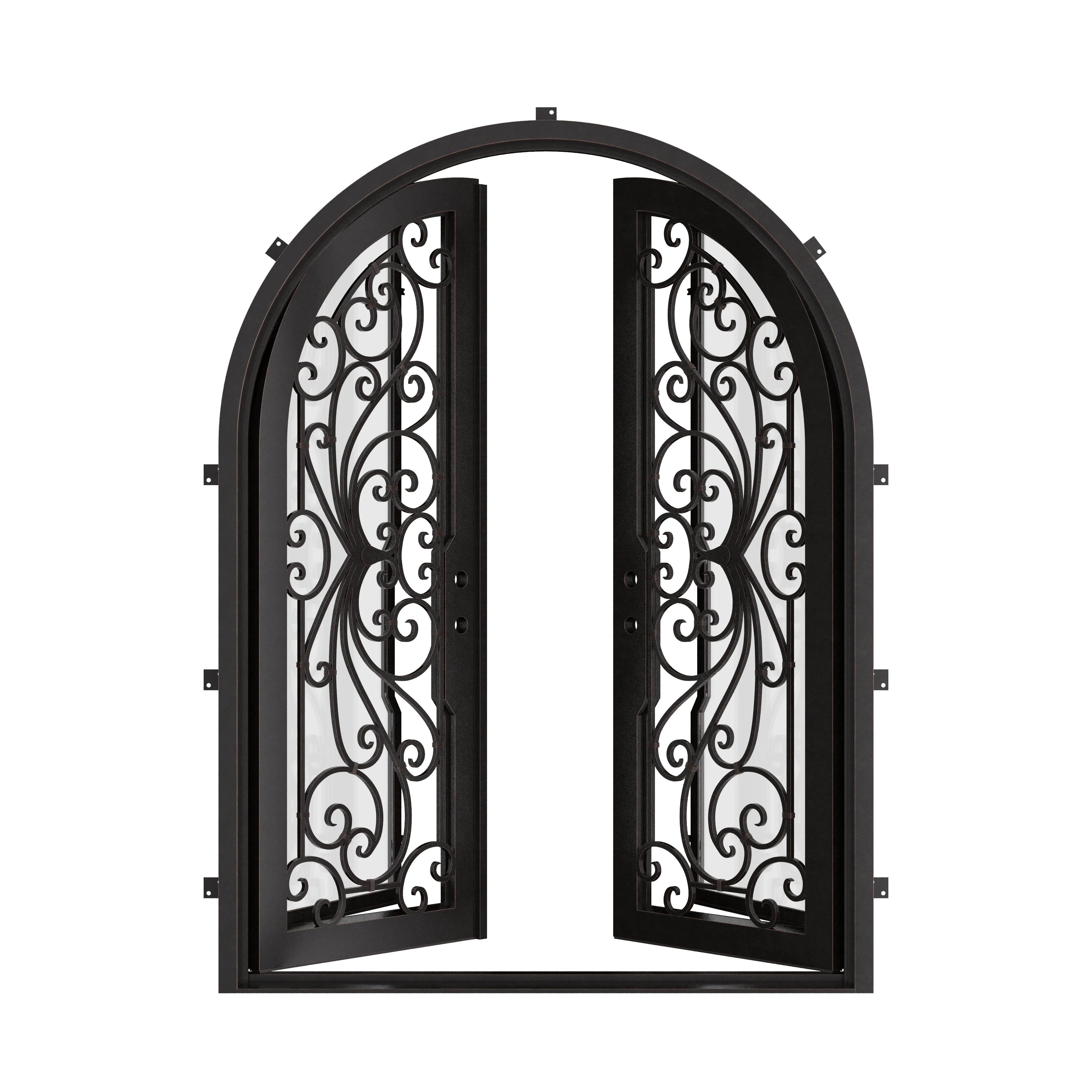 Miracle french radius top front door with energy efficient dual-pane glass in black.