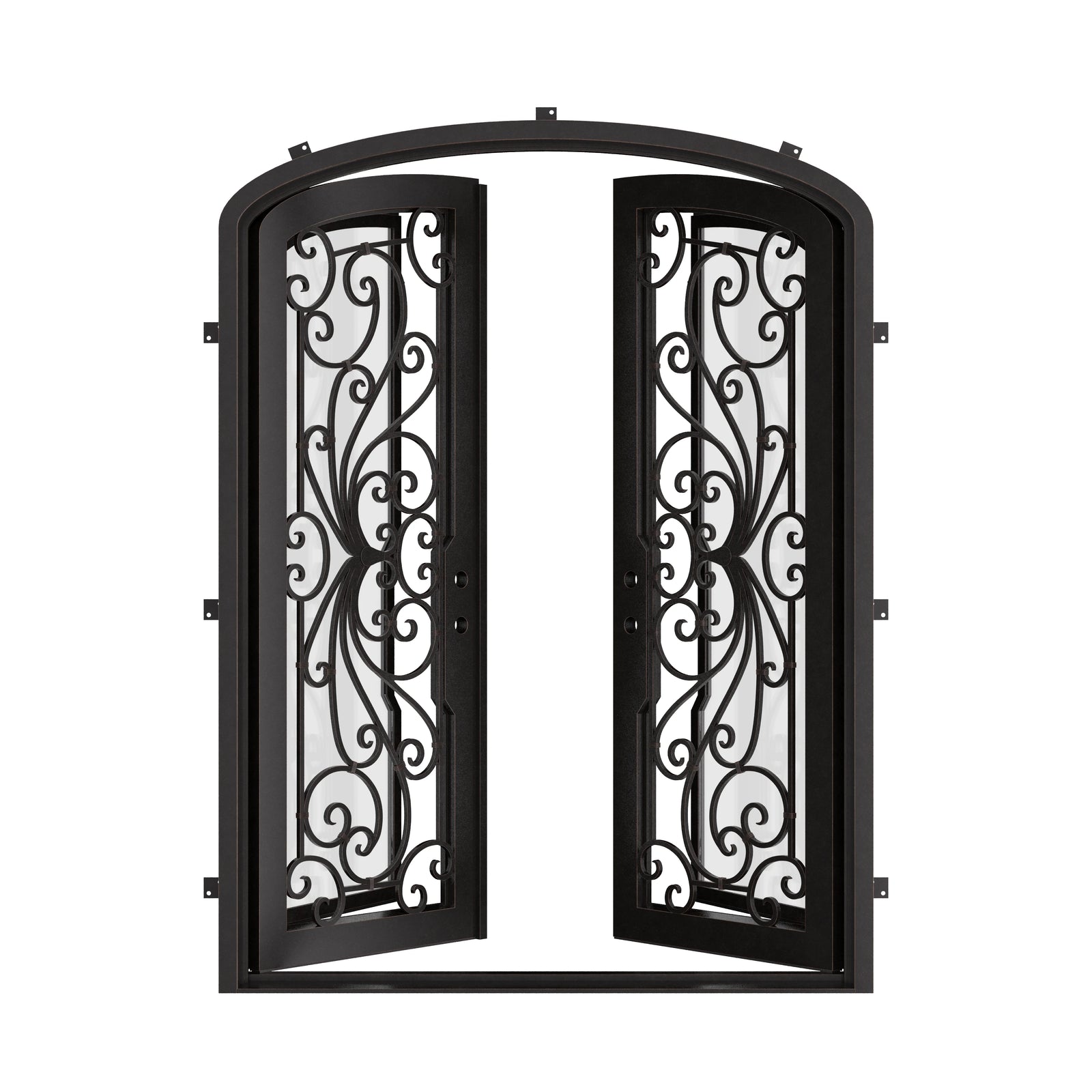 Miracle bronze finished double iron door with arched entry and efficient glass.