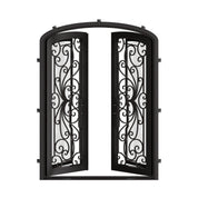 Miracle bronze finished double iron door with arched entry and efficient glass.