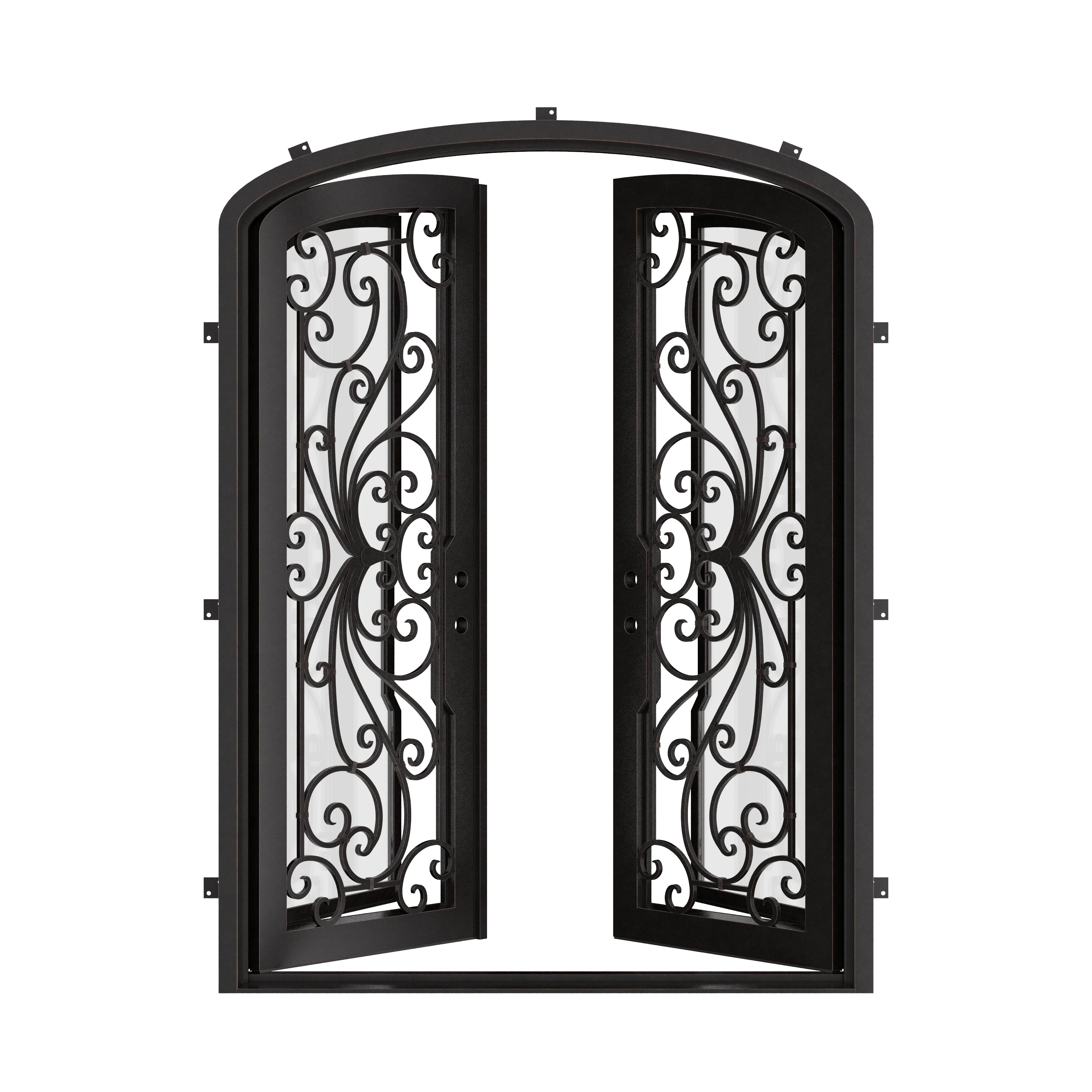 Miracle bronze finished double iron door with arched entry and efficient glass.