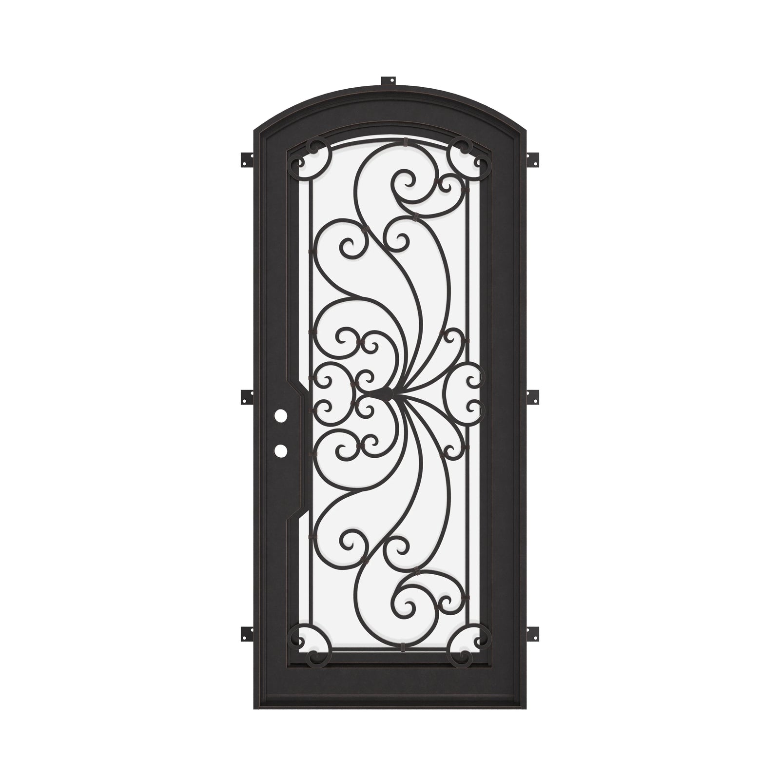 Miracle pre-hung black metal arch top door with decorative scrollwork in bronze.