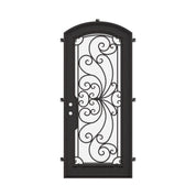 Miracle pre-hung black metal arch top door with decorative scrollwork in bronze.