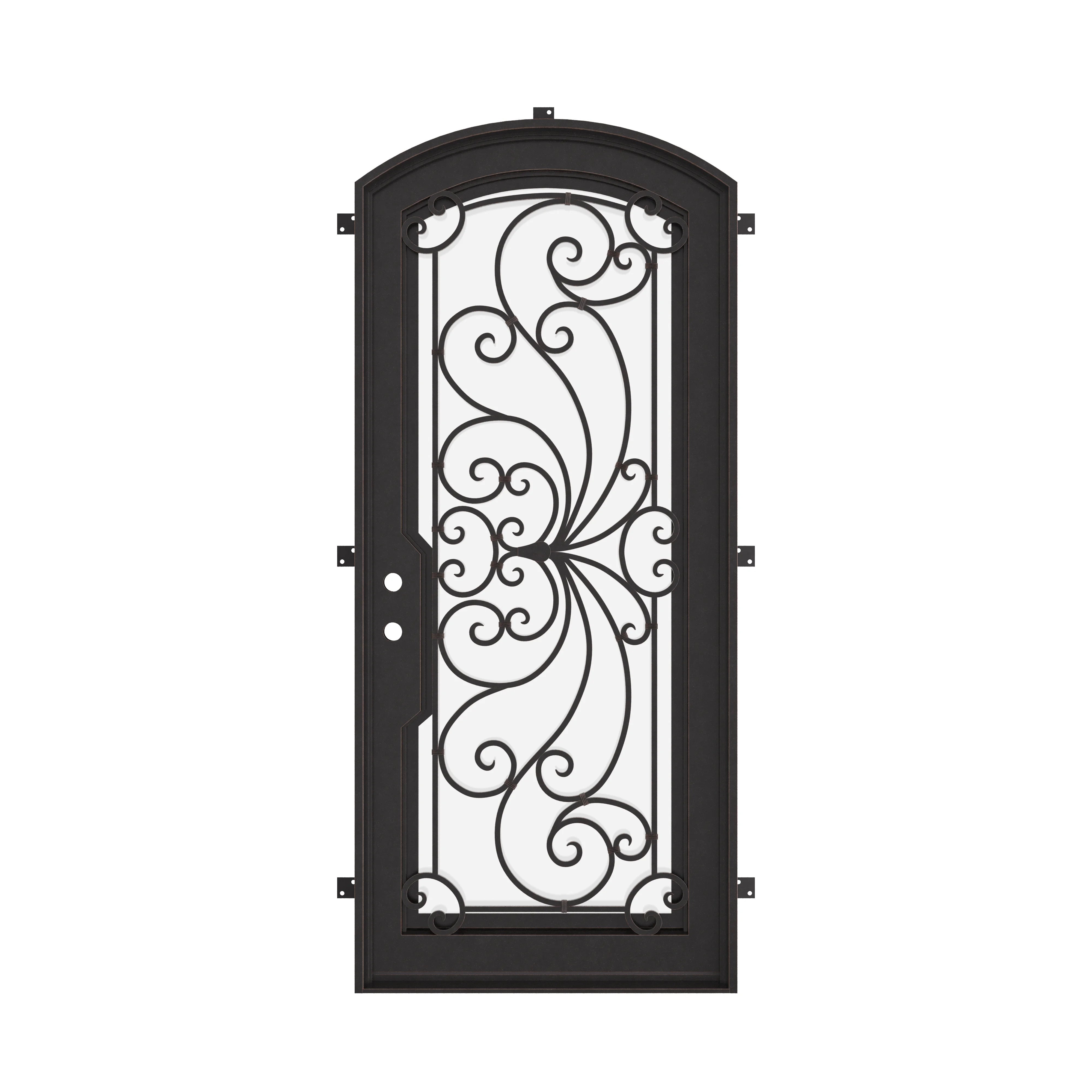 Miracle pre-hung black metal arch top door with decorative scrollwork in bronze.