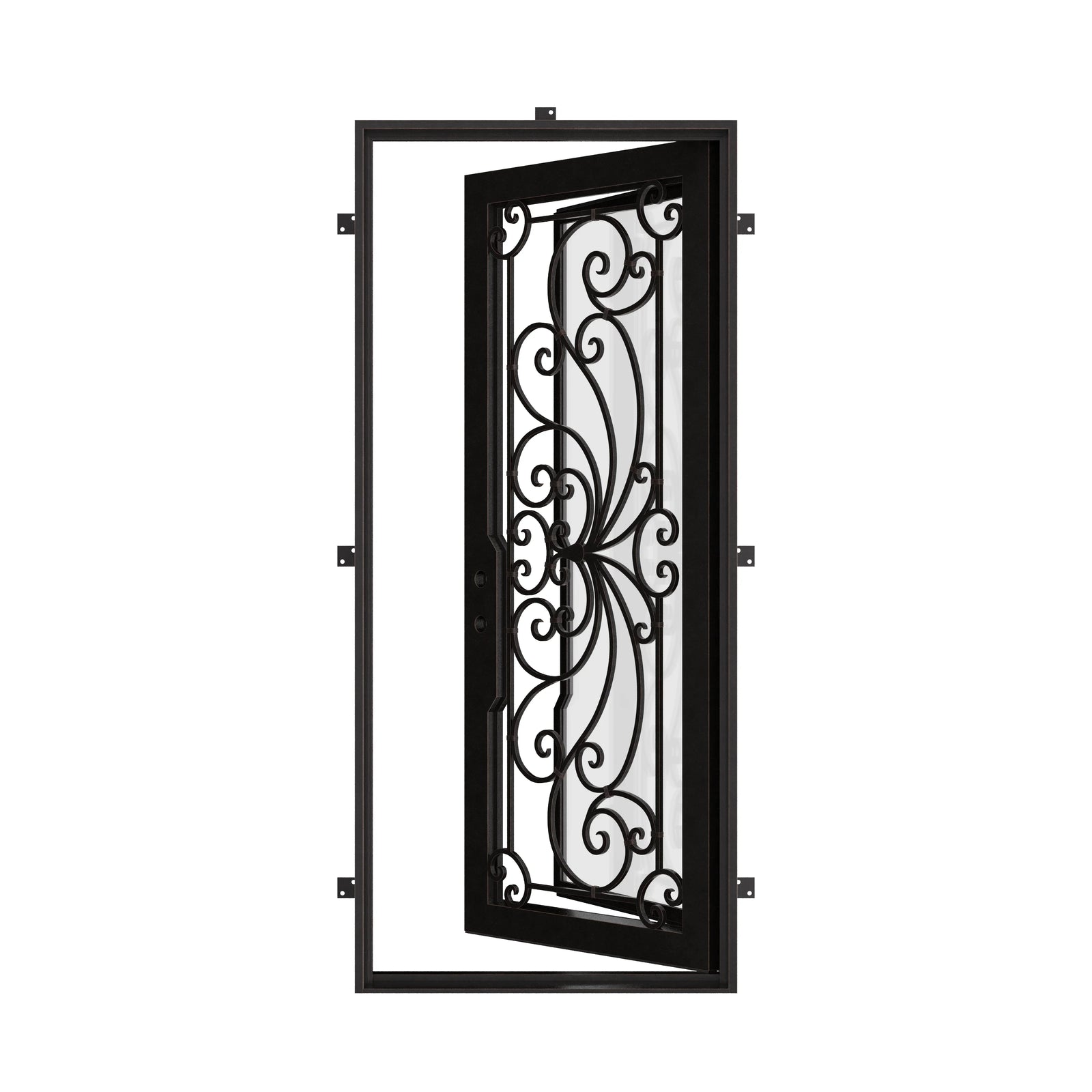 Miracle Bronze color exterior iron flat top single door with energy efficient glass.