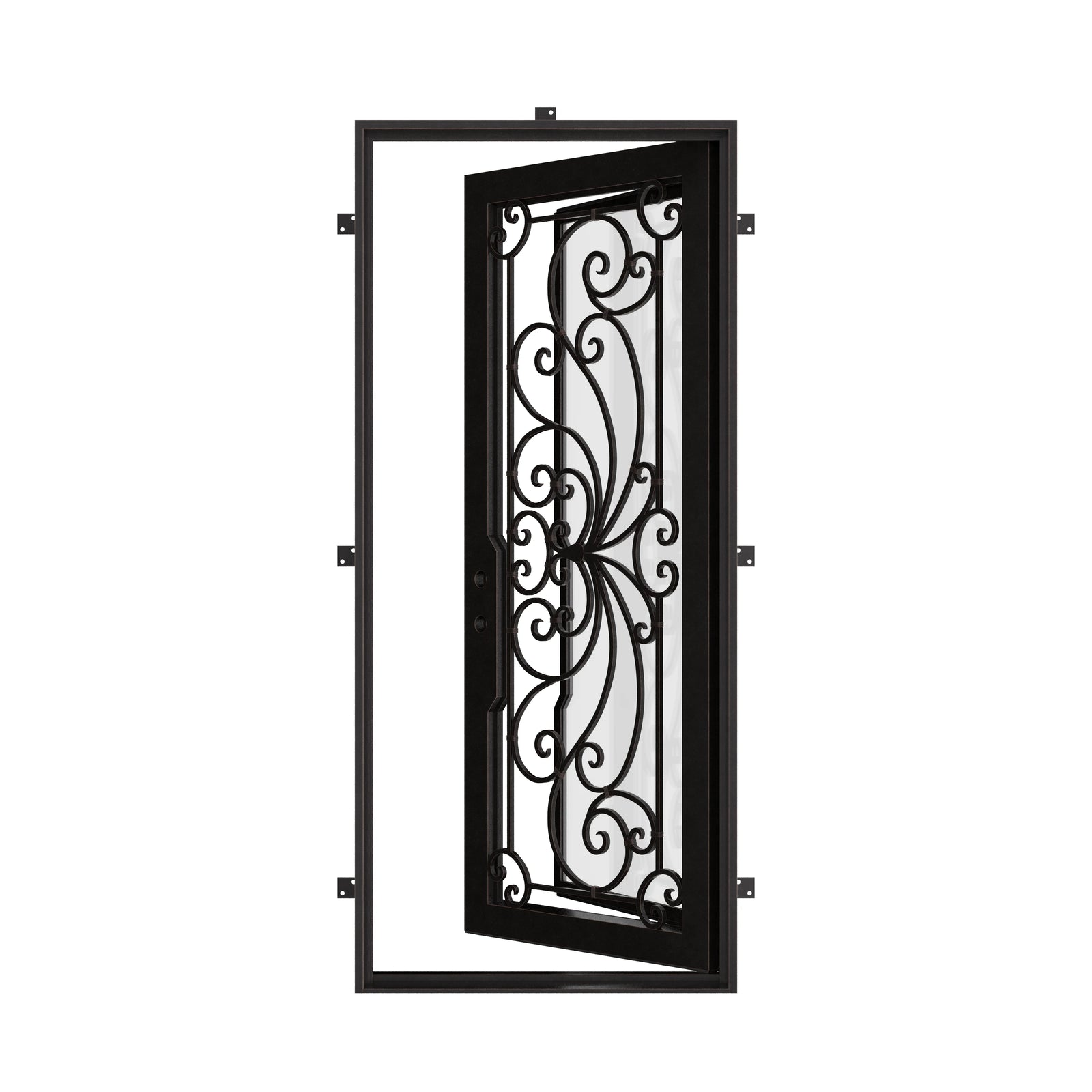 Miracle Black exterior wrought iron flat top single swing door with tempered glass.