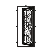 Miracle Black exterior wrought iron flat top single swing door with tempered glass.