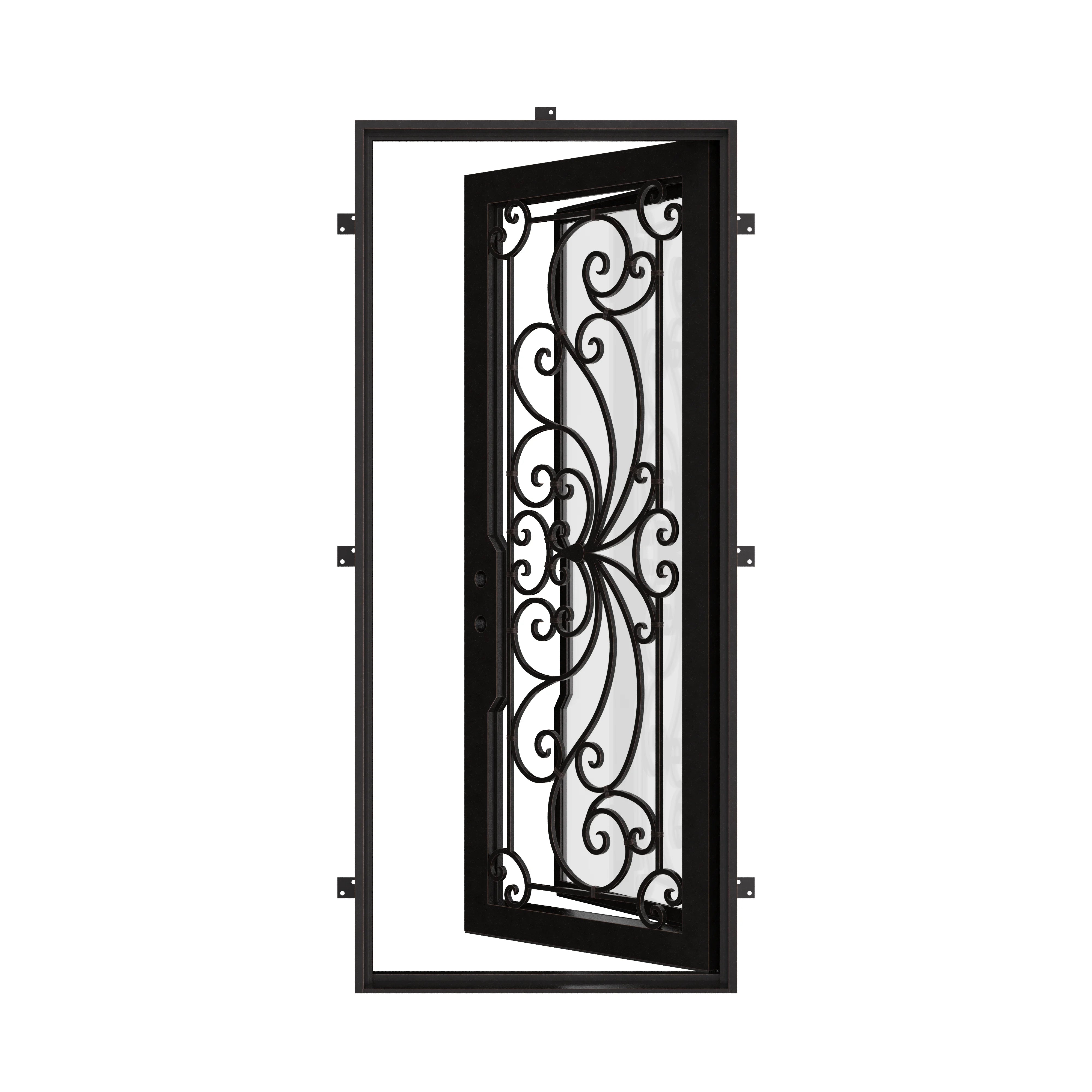 Miracle Black exterior wrought iron flat top single swing door with tempered glass.