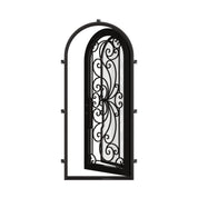 Miracle single round top door with decorative metalwork and tempered glass.