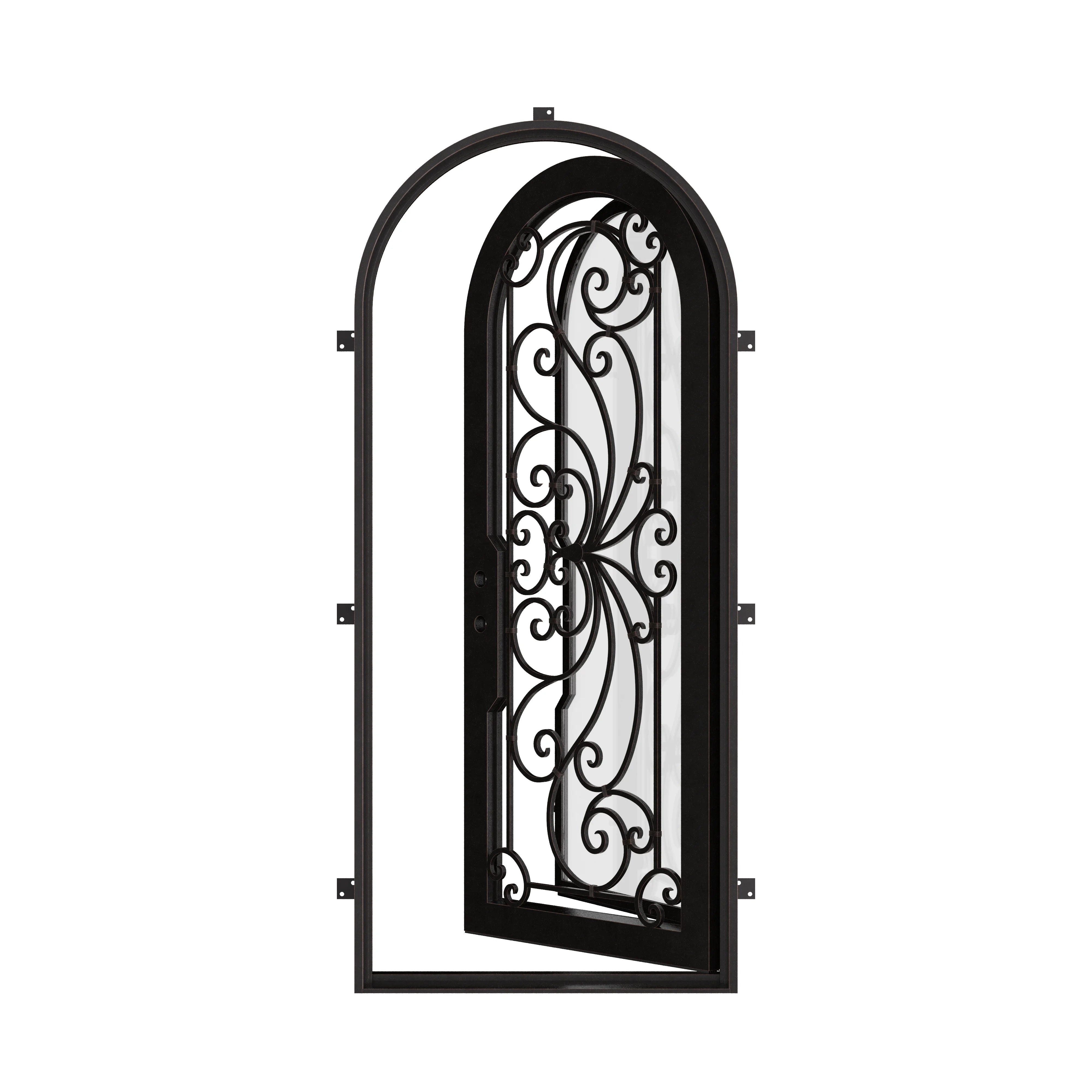 Miracle single round top door with decorative metalwork and tempered glass.