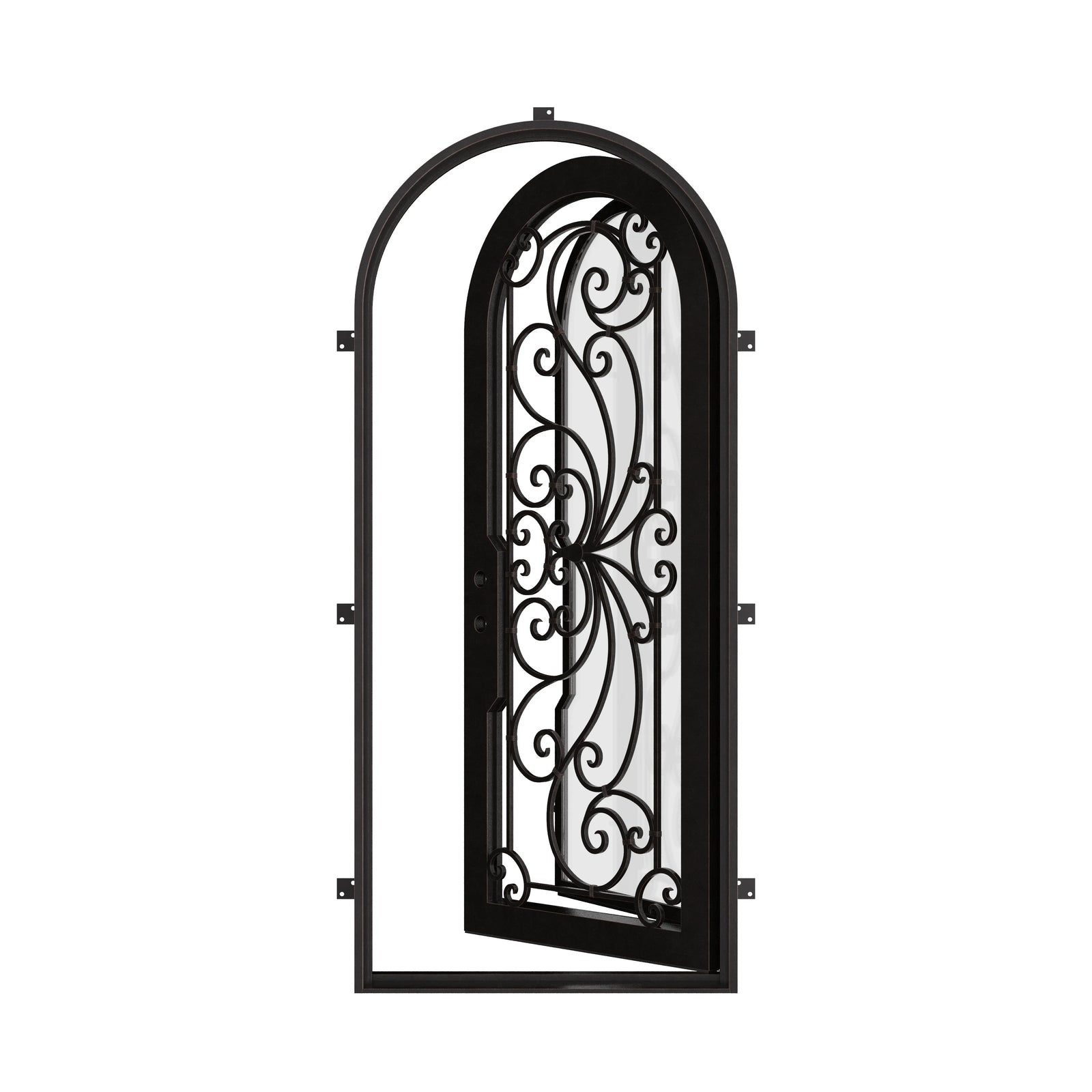 Miracle bronze color exterior iron single round top door with thick glass.