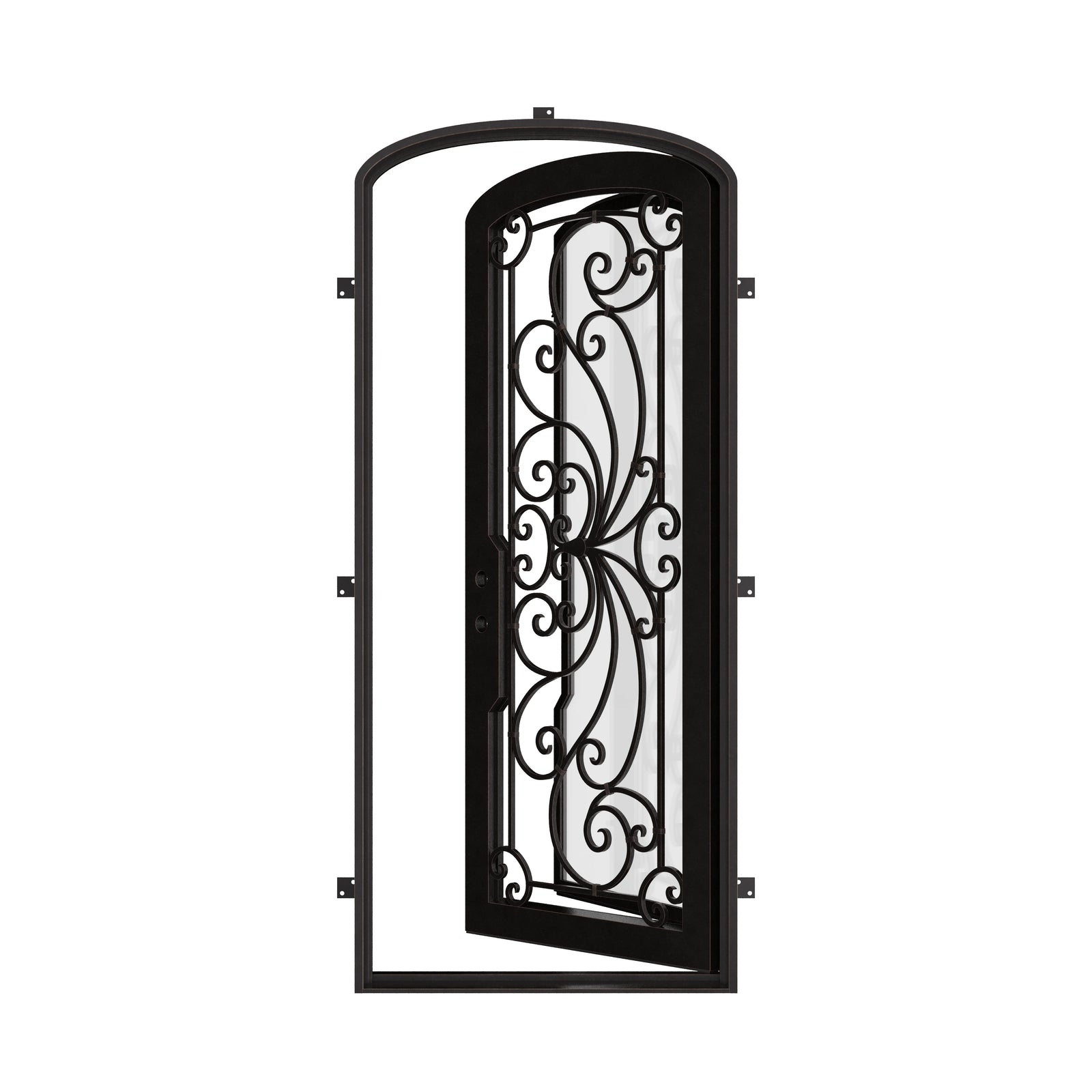 Miracle pre-hung bronze color metal mini arch top single door with glass.