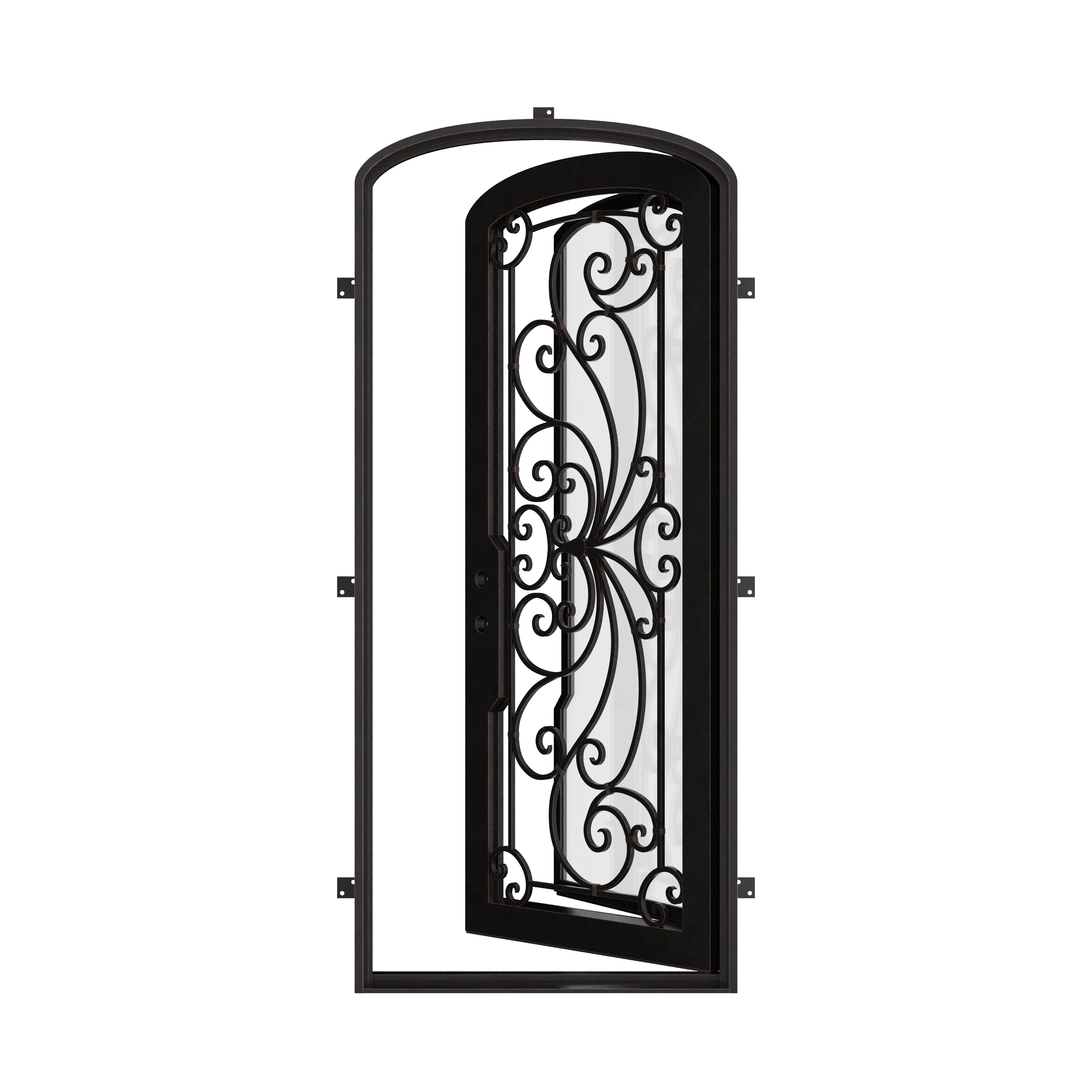 Miracle pre-hung bronze color metal mini arch top single door with glass.