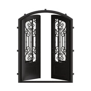 New York bronze colored double iron door with arched top and clear glass.