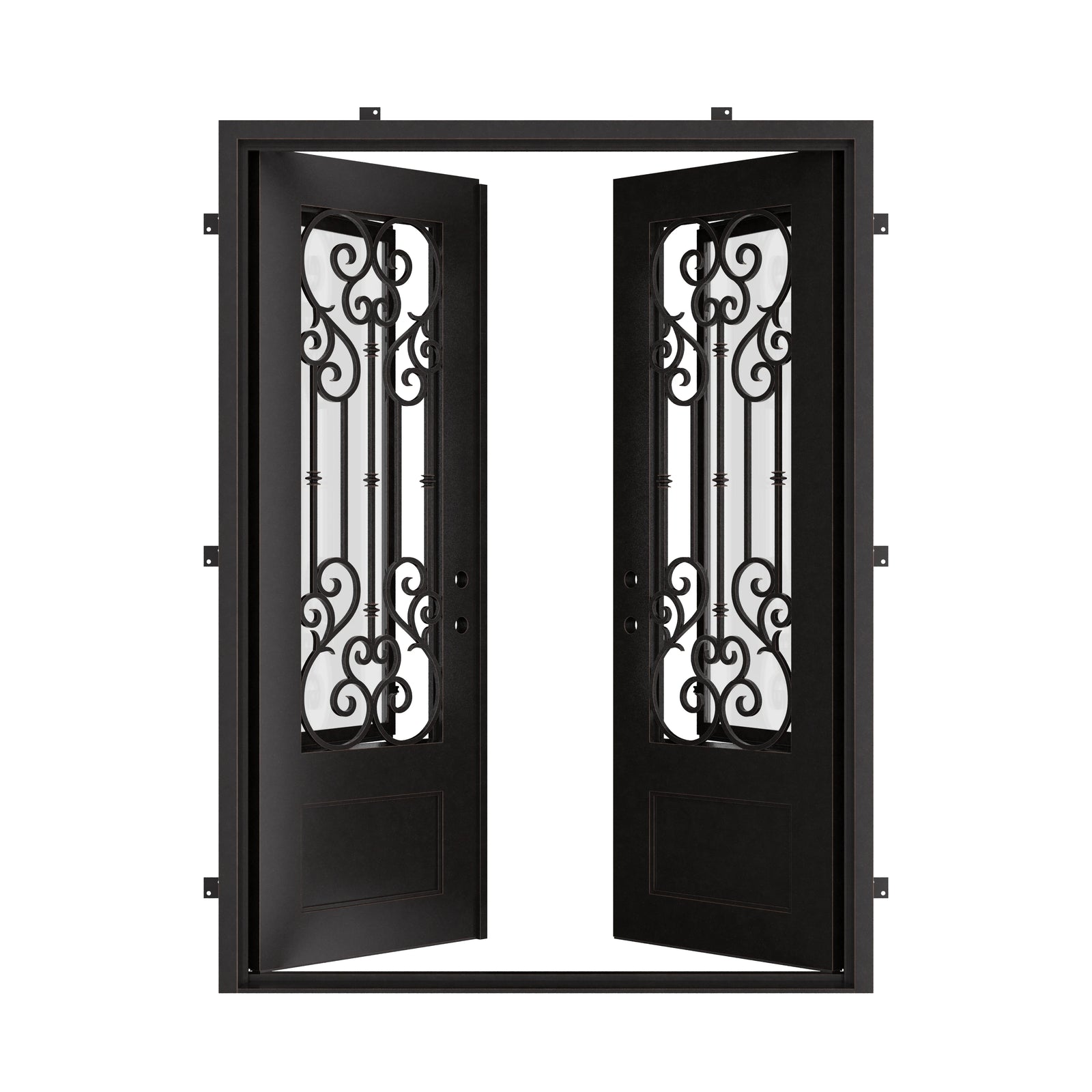 New York pre-hung black metal double flat top entry door with glass.