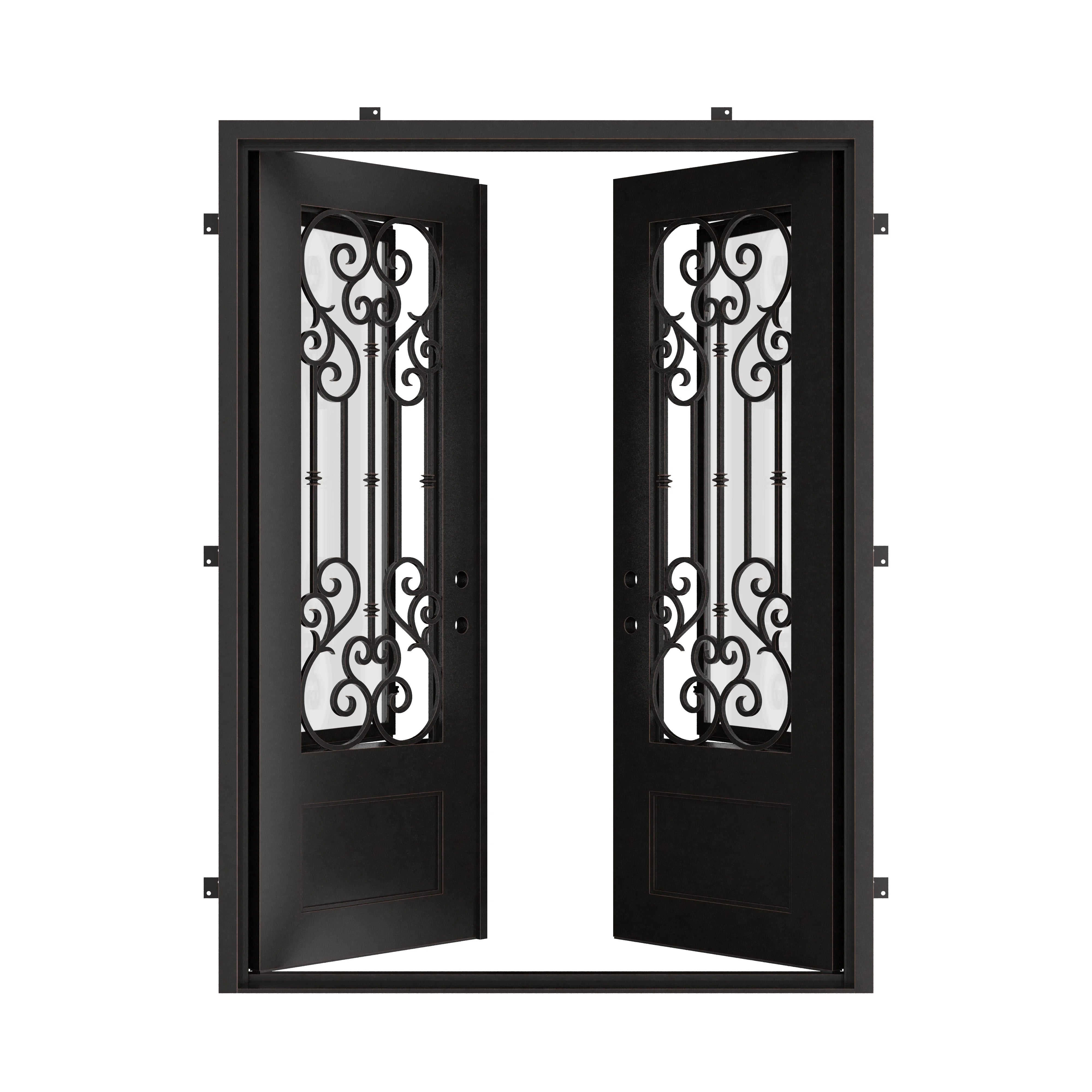 New York pre-hung black metal double flat top entry door with glass.