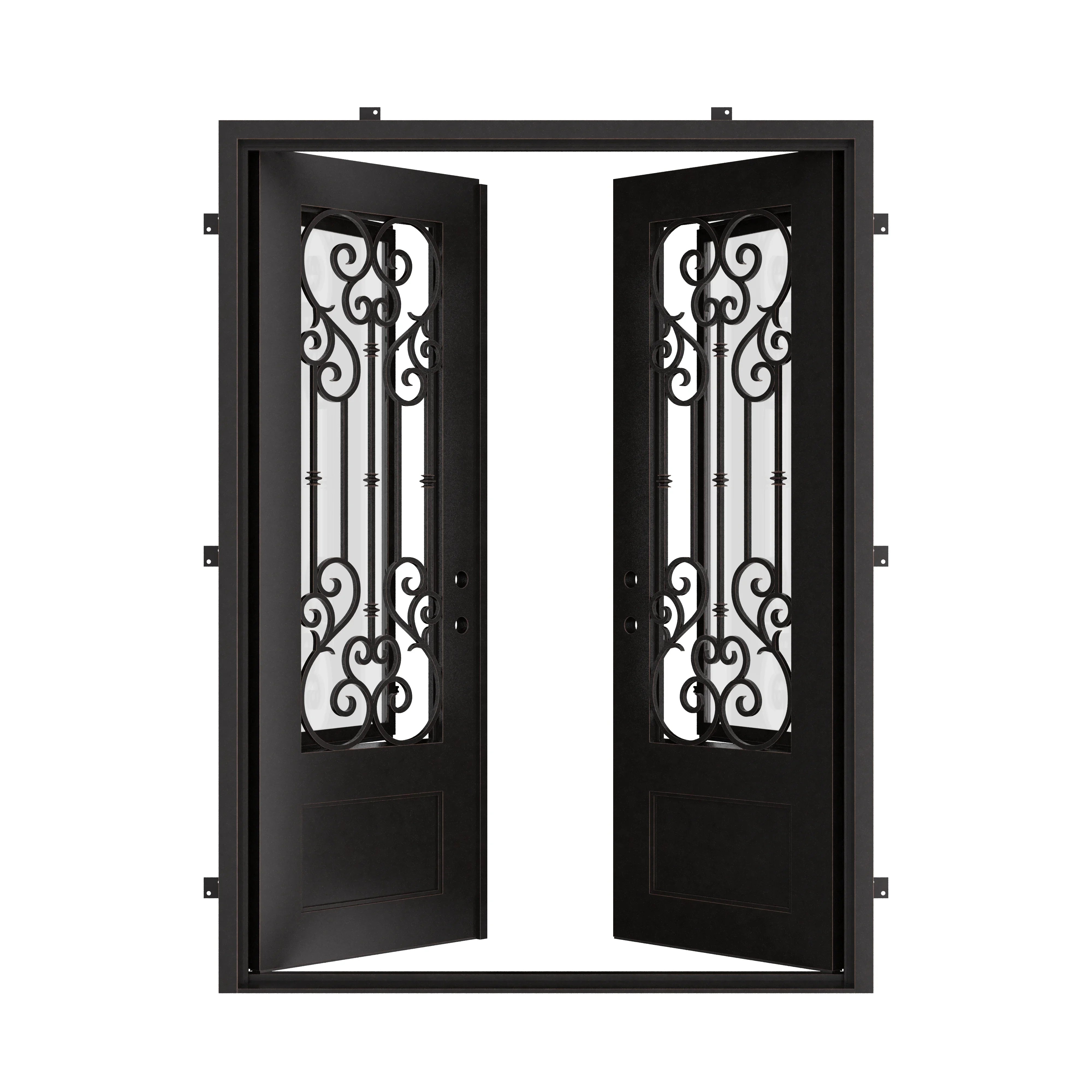 New York black iron double square top hinged door with thick glass.