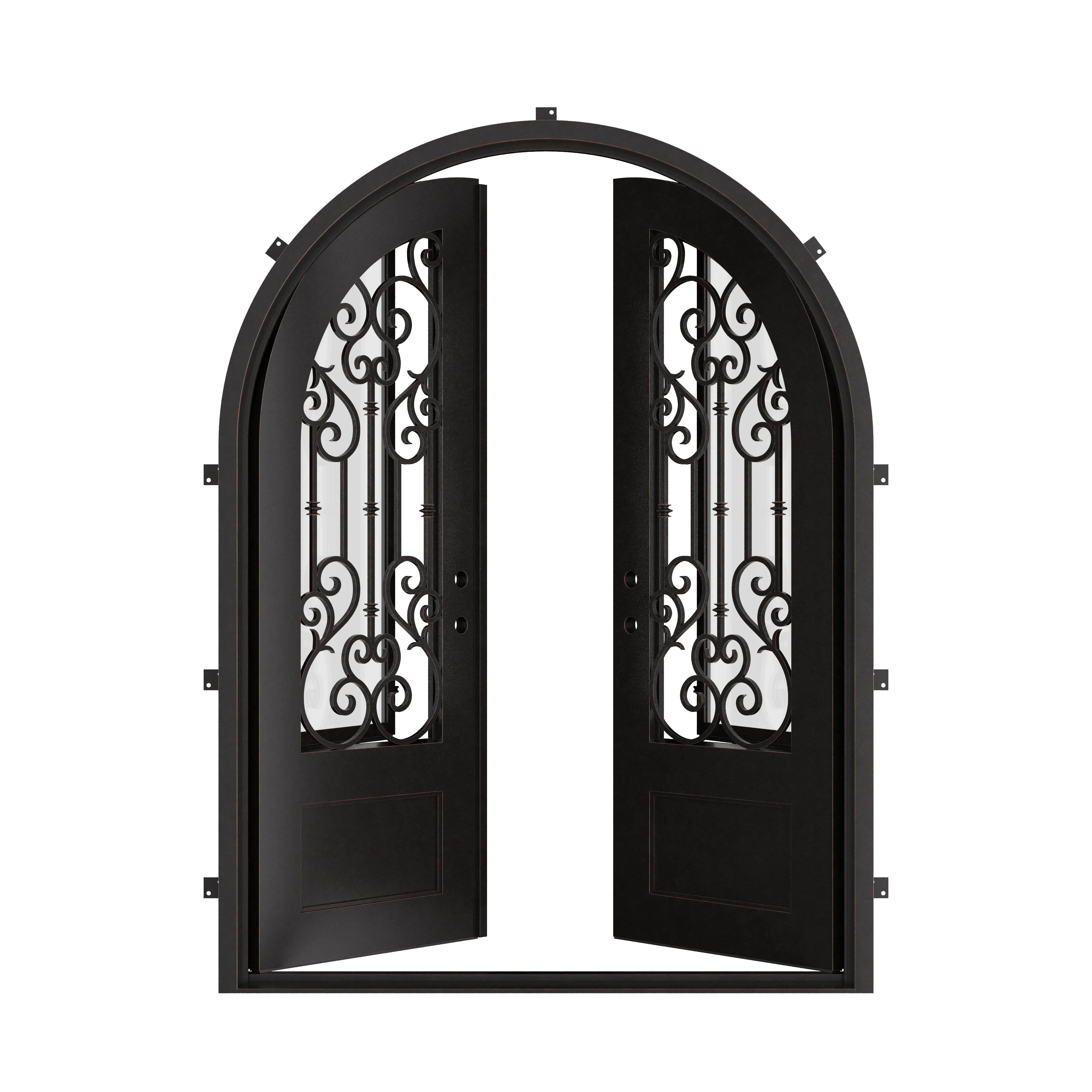 New York full arch top iron french door with clear glass.
