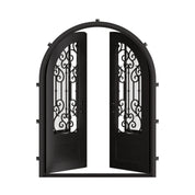 New York double full arch top swing door with decorative metalwork and glass in black.
