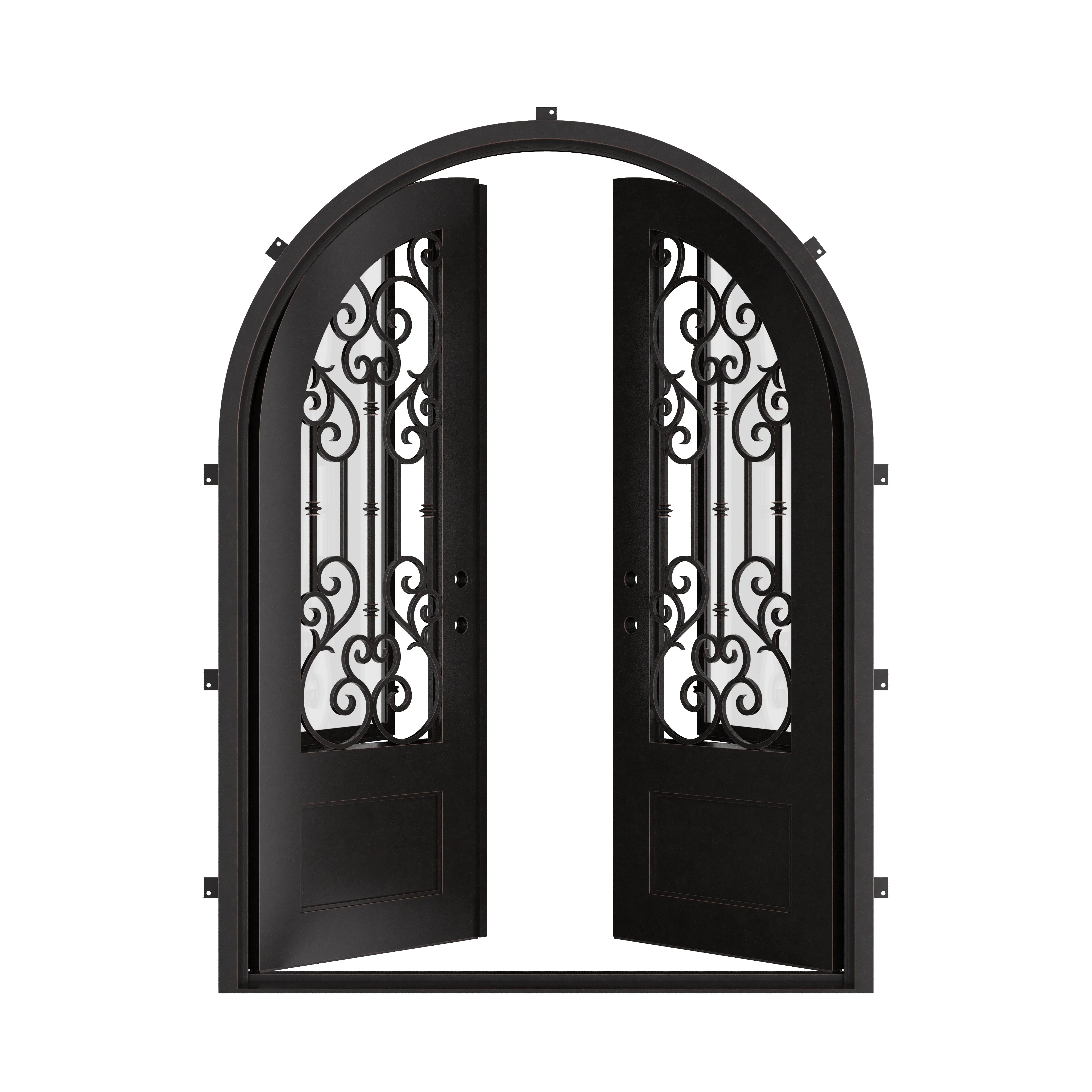 New York double full arch top swing door with decorative metalwork and glass in black.