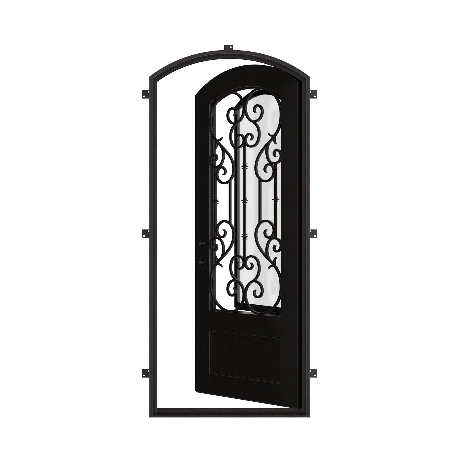 New York single soft arch top hinged door with energy efficient dual-pane glass in black.