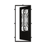 New York Single flat top door with decorative scrollwork and glass panel.