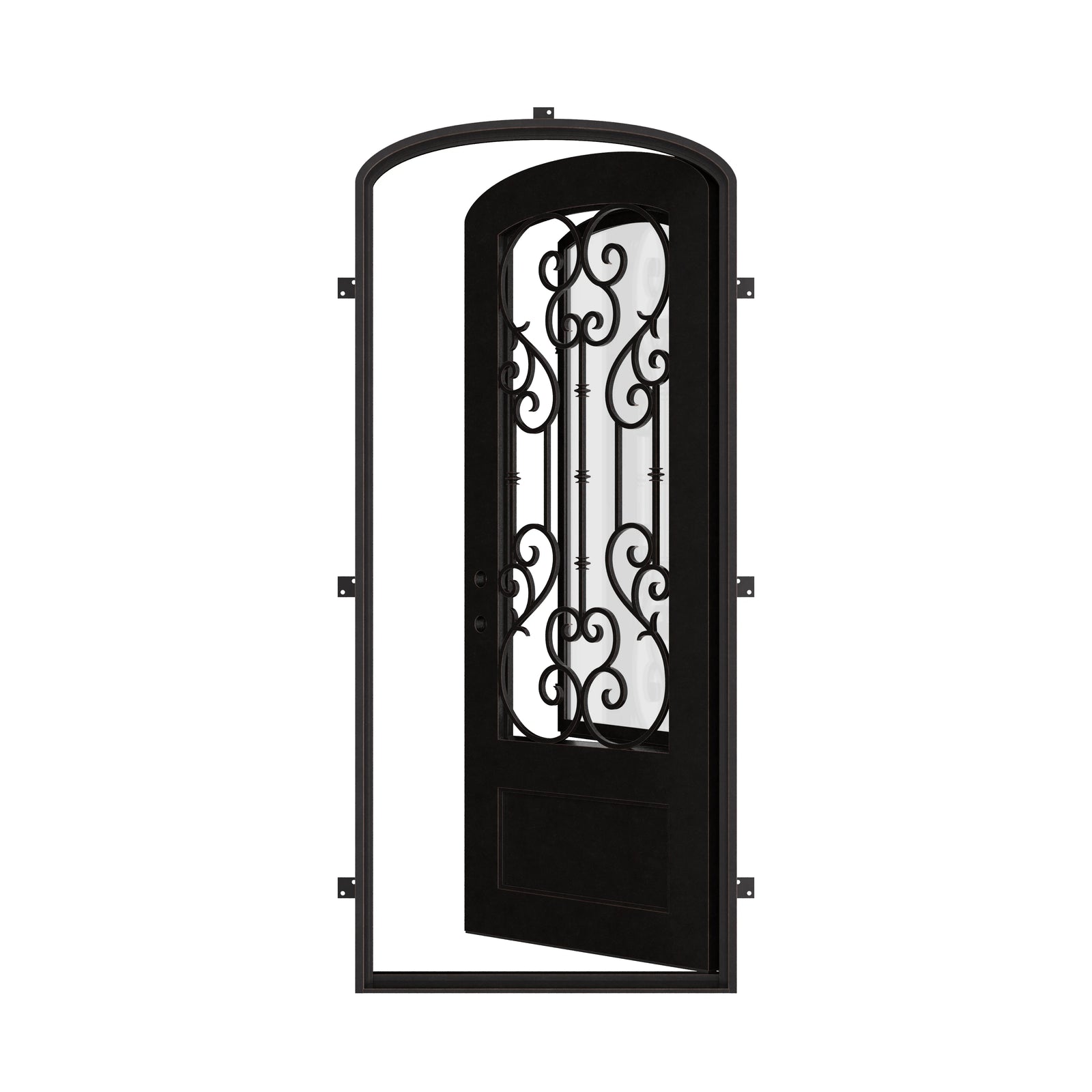 New York mini arch top single iron door with ornate scrollwork and dual-pane glass.