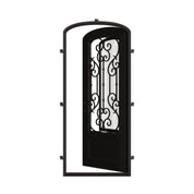 New York mini arch top single iron door with ornate scrollwork and dual-pane glass.