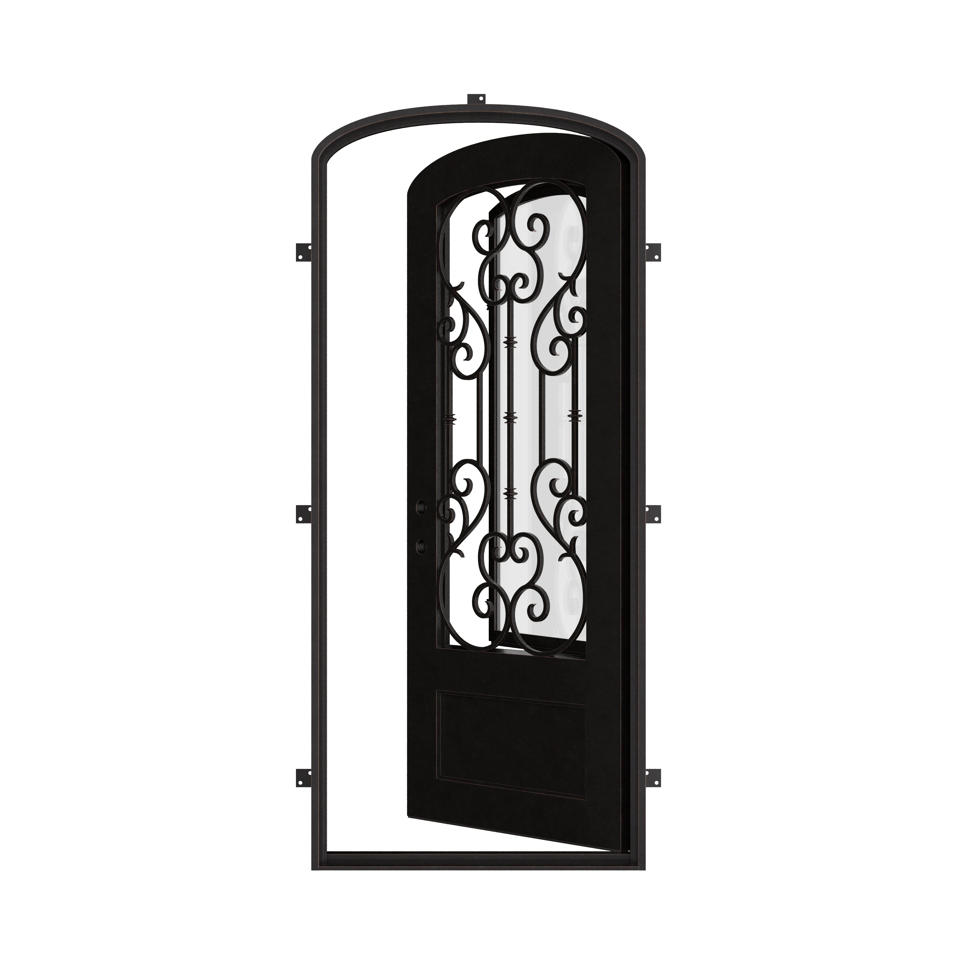 New York mini arch top single iron door with ornate scrollwork and dual-pane glass.