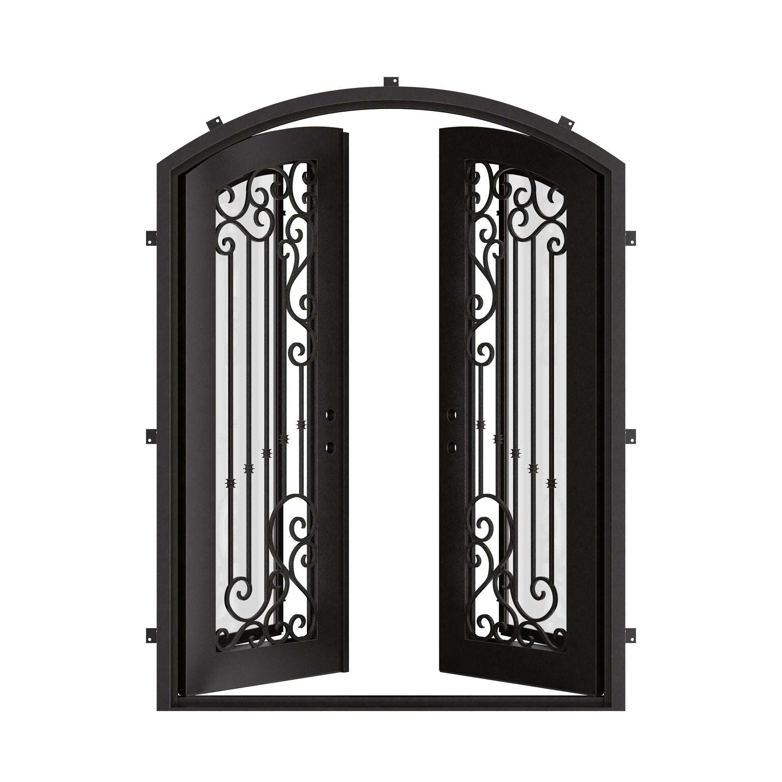 Paris double iron door with clear glass in bronze shade and arch.