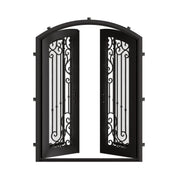 Paris double iron door with clear glass in bronze shade and arch.