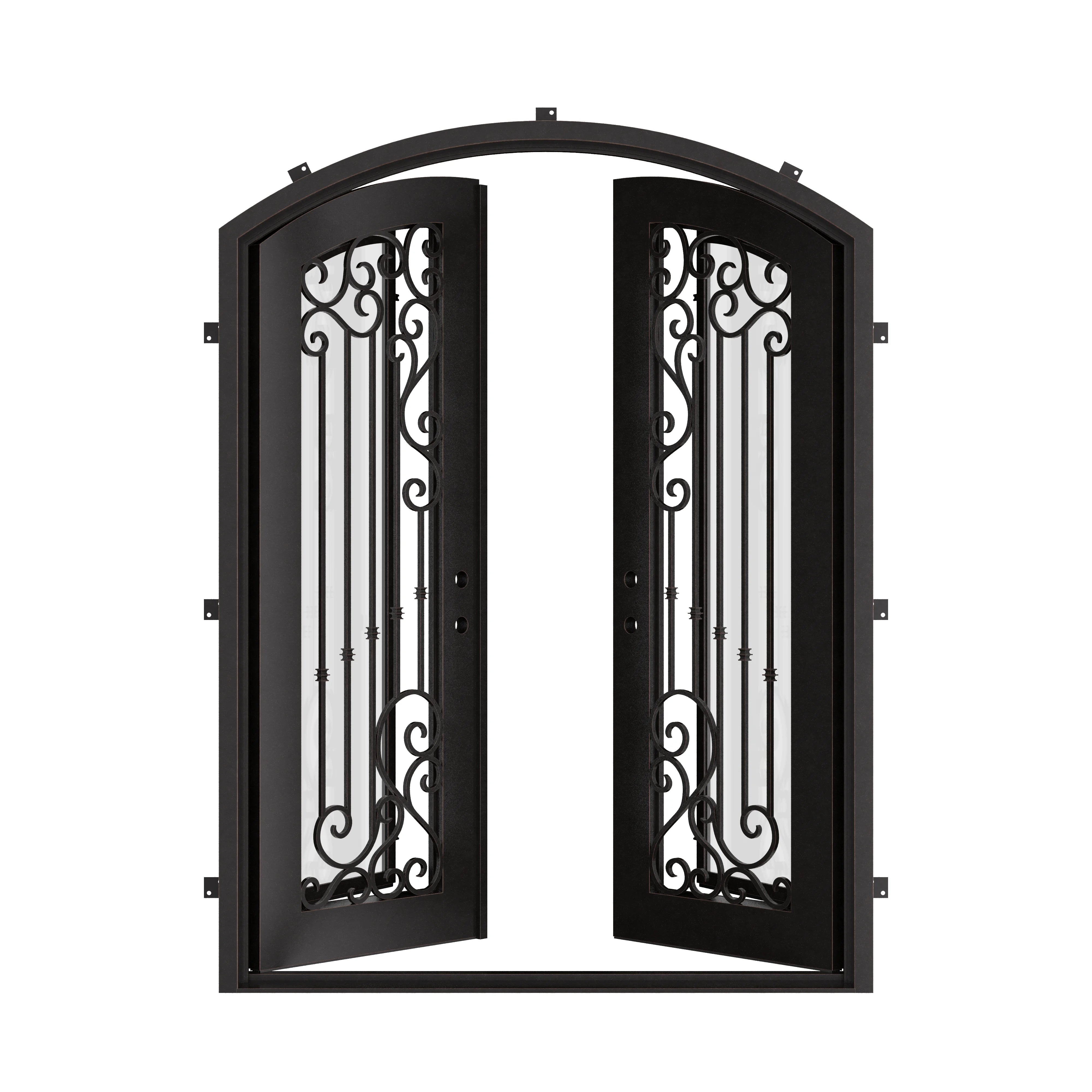 Paris double iron door with clear glass in bronze shade and arch.