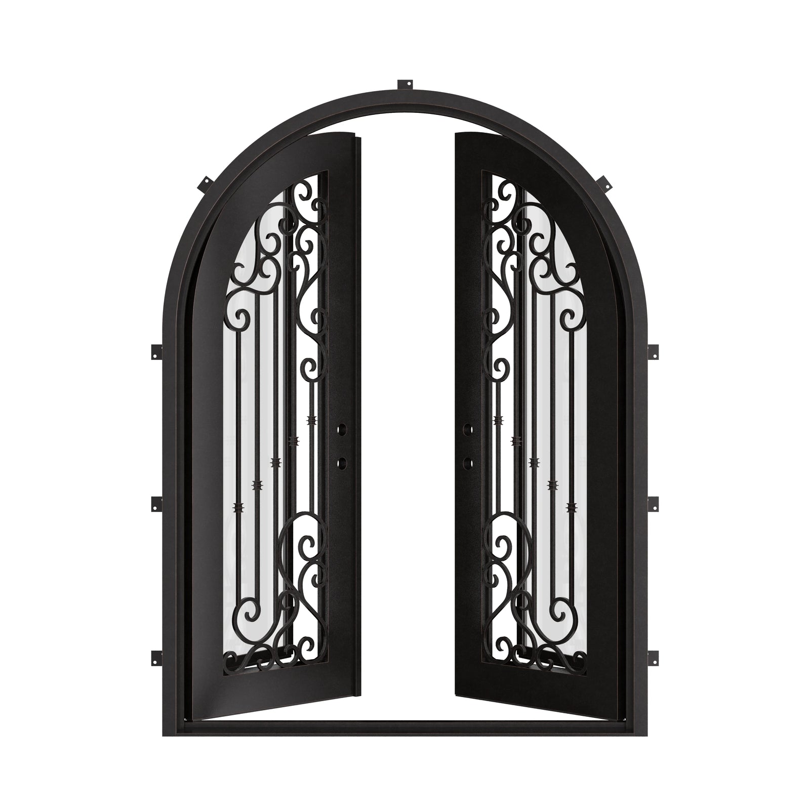 Paris full arch top double hinged door with dual-pane glass in bronze color.
