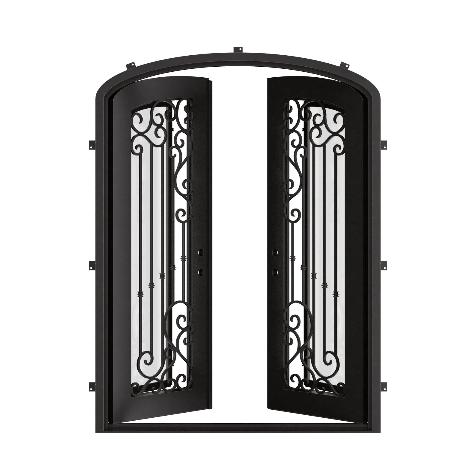 Paris arched style double door with glass windows in bronze finish.