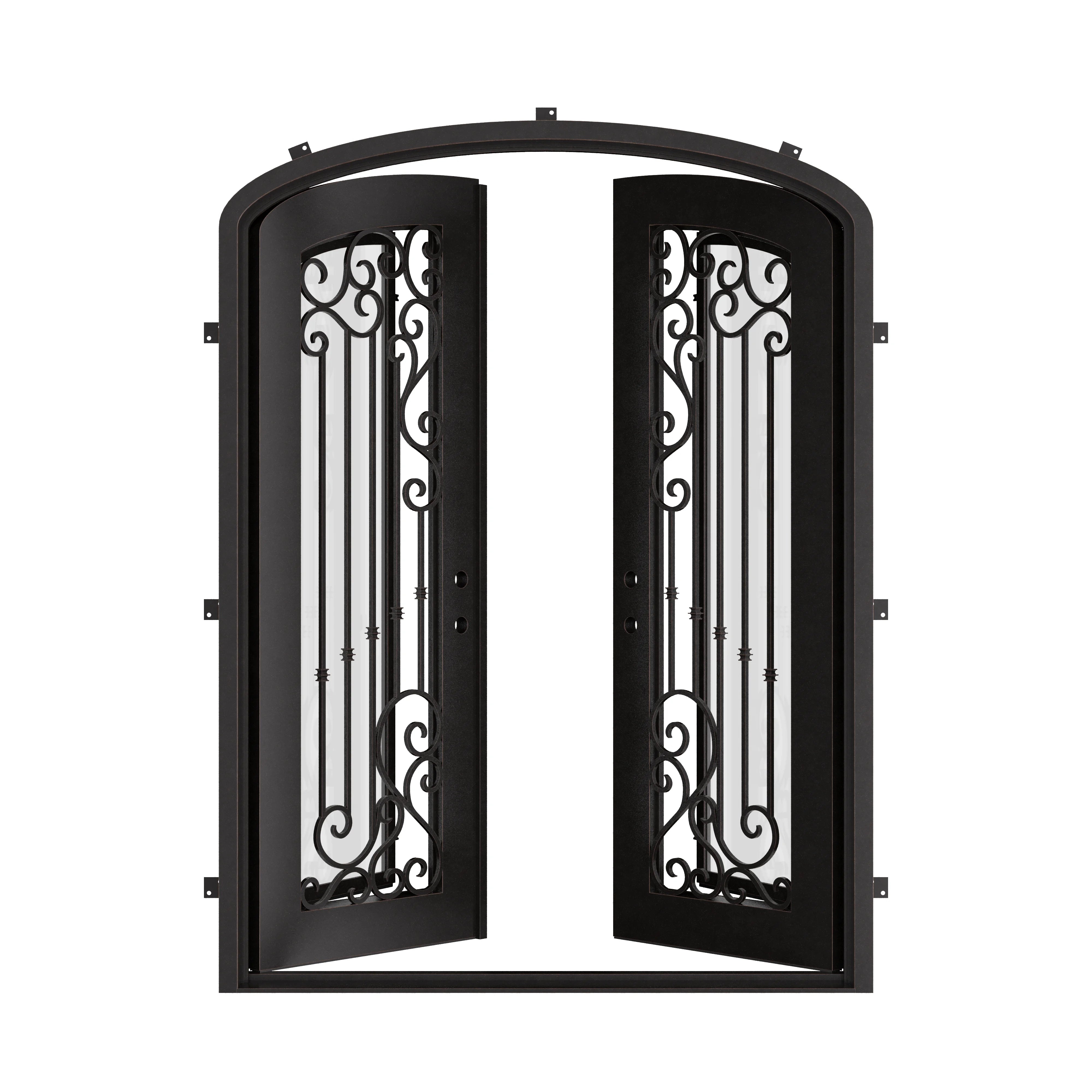 Paris arched style double door with glass windows in bronze finish.