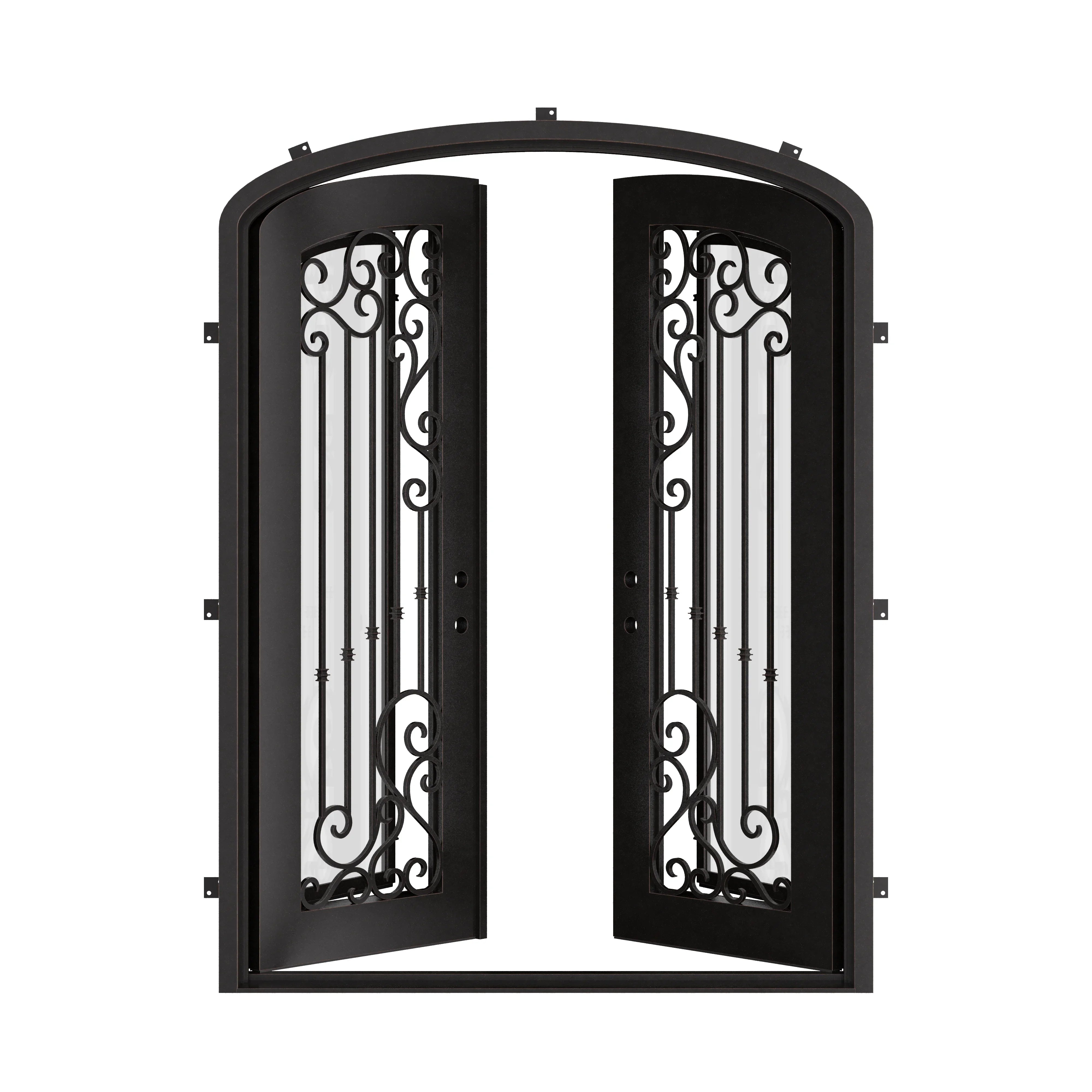 Paris bronze hued arched design iron double door with efficient glass.